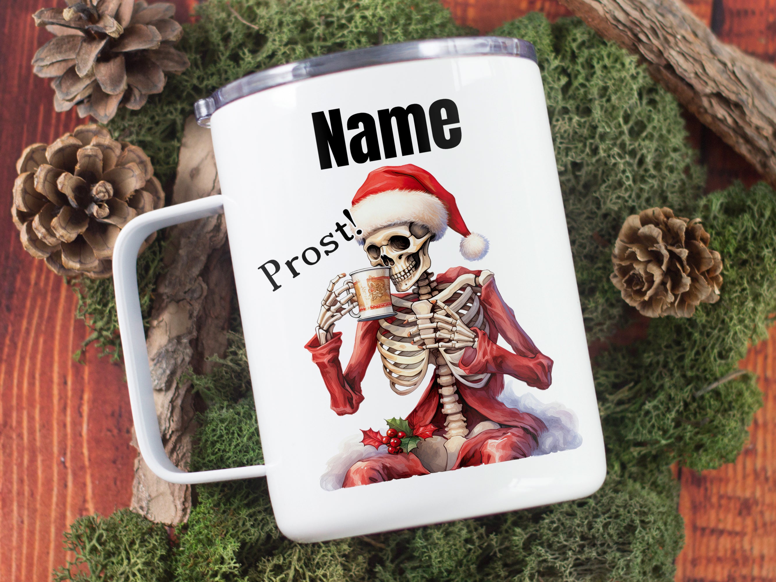 Weißer Becher mit Skelett im Weihnachtsmann-Outfit, "Prost!"