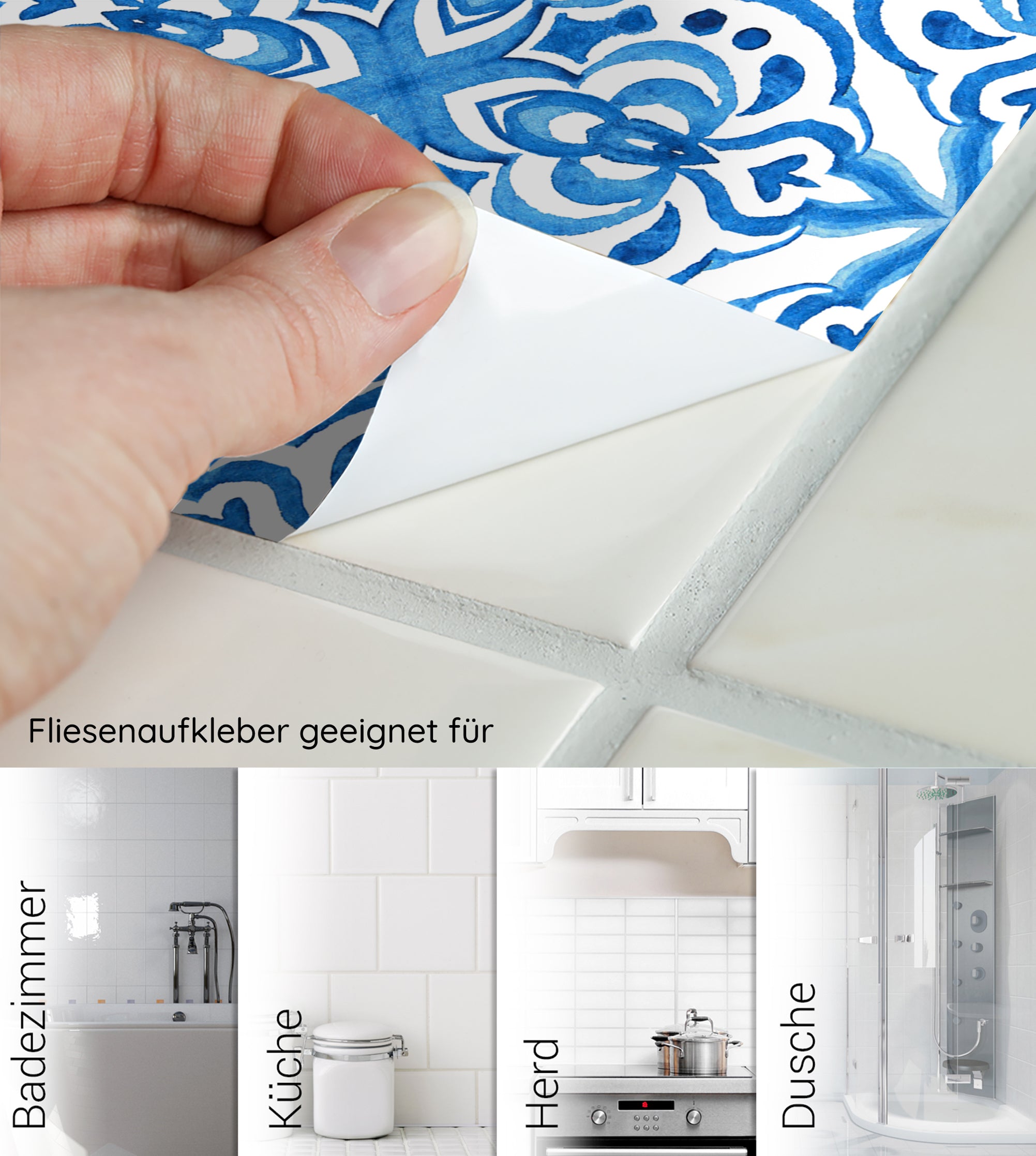 Fliesenaufkleber in Blau für Badezimmer, Küche, Herd, Dusche.