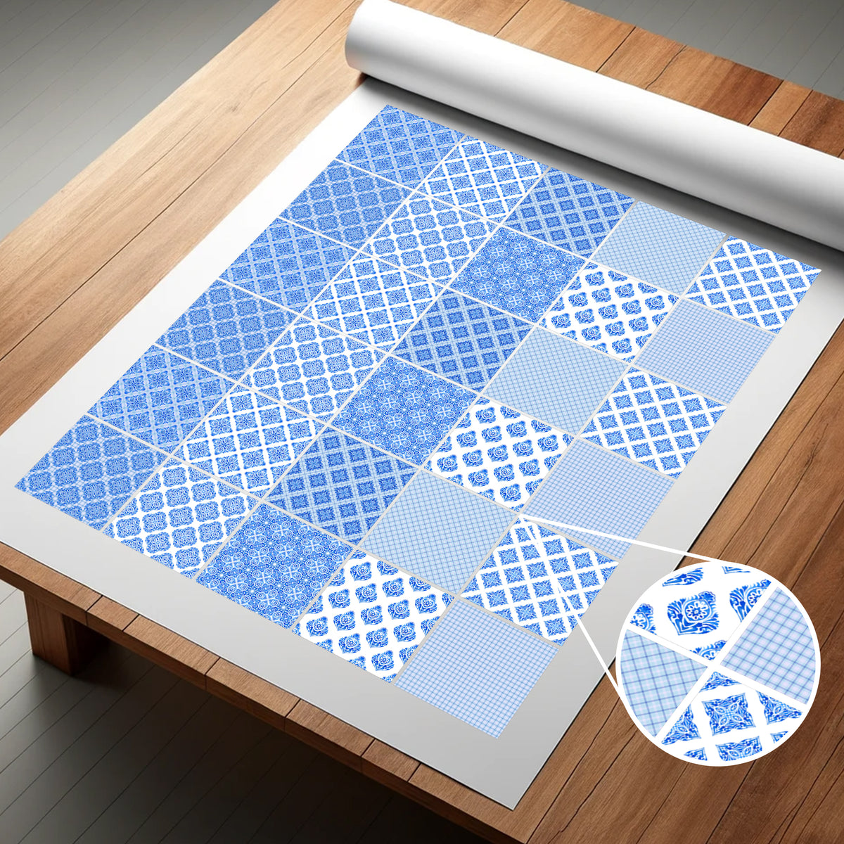 Musterpapier in Blau mit verschiedenen geometrischen Designs.