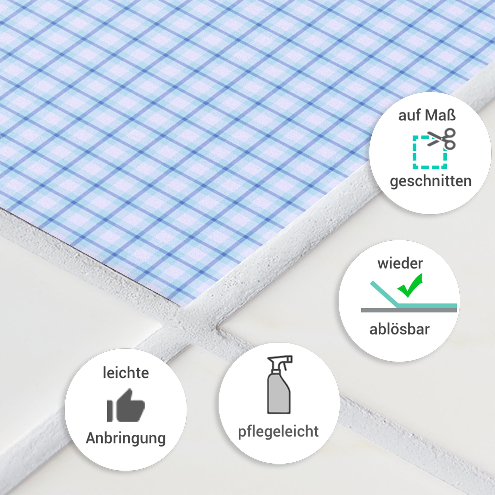 Blau kariertes, ablösbares, pflegeleichtes Fliesen-Design.