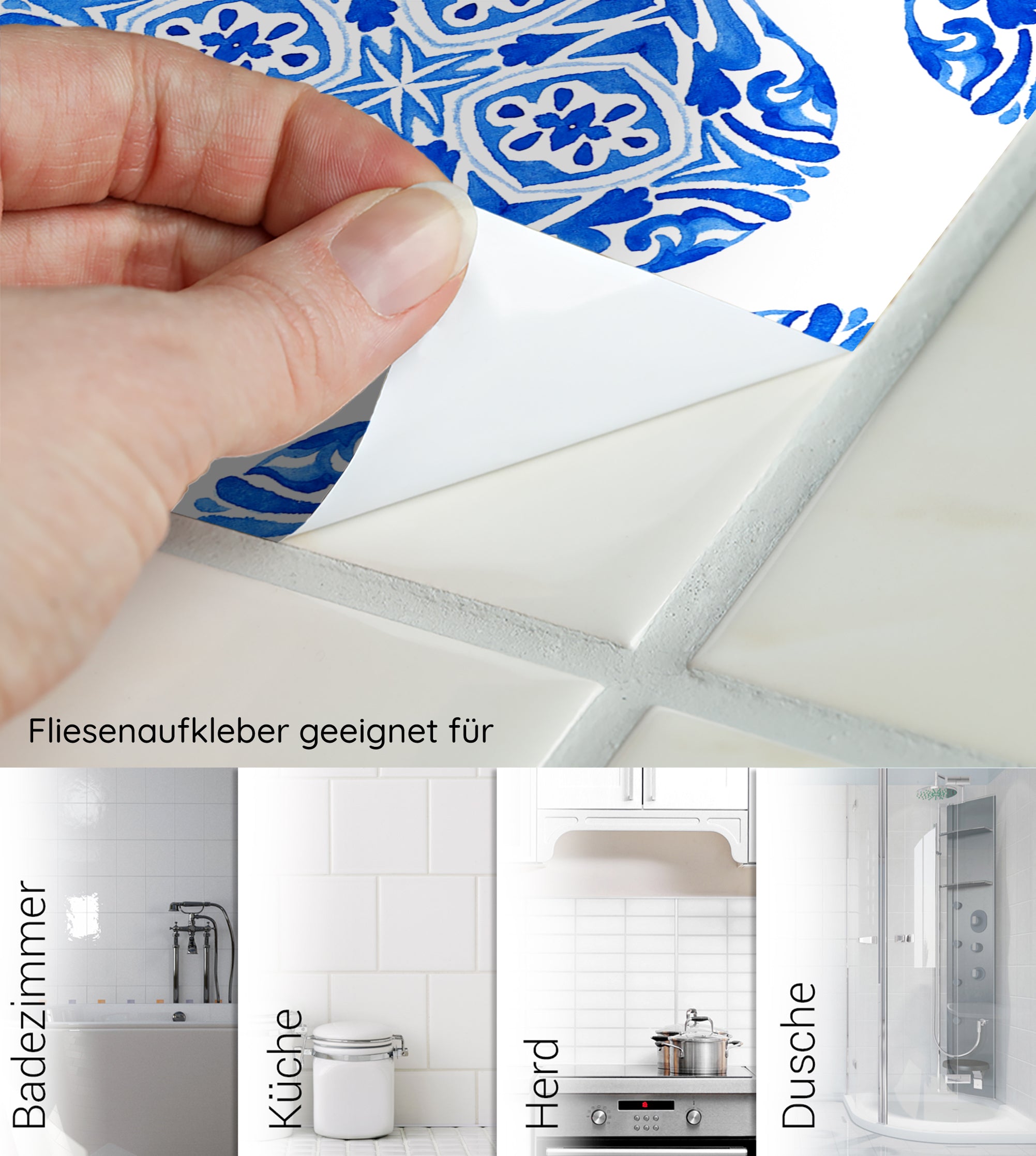 Fliesenaufkleber in Blau für Badezimmer, Küche, Herd und Dusche.
