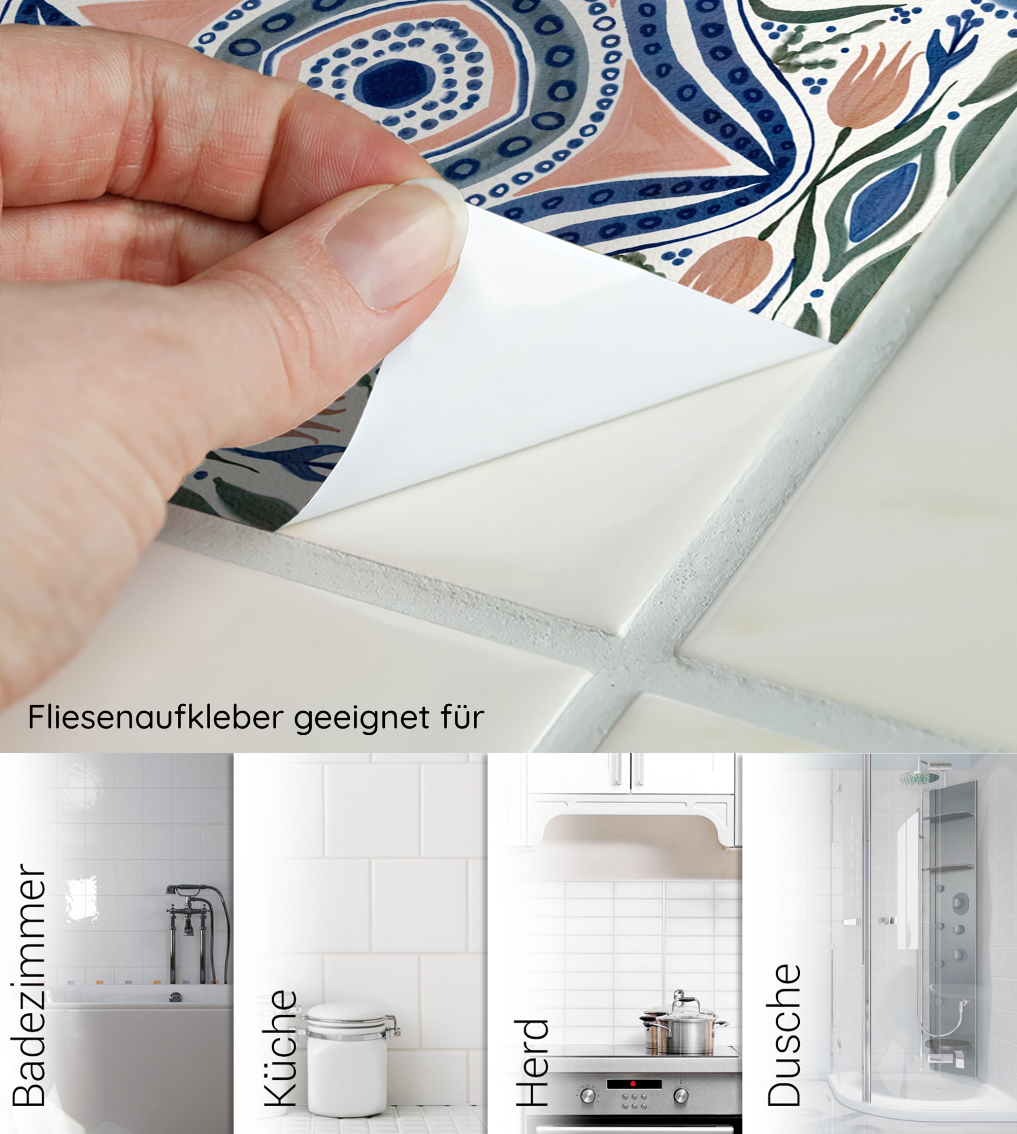 Fliesenaufkleber mit buntem, floralem Design für verschiedene Anwendungen.