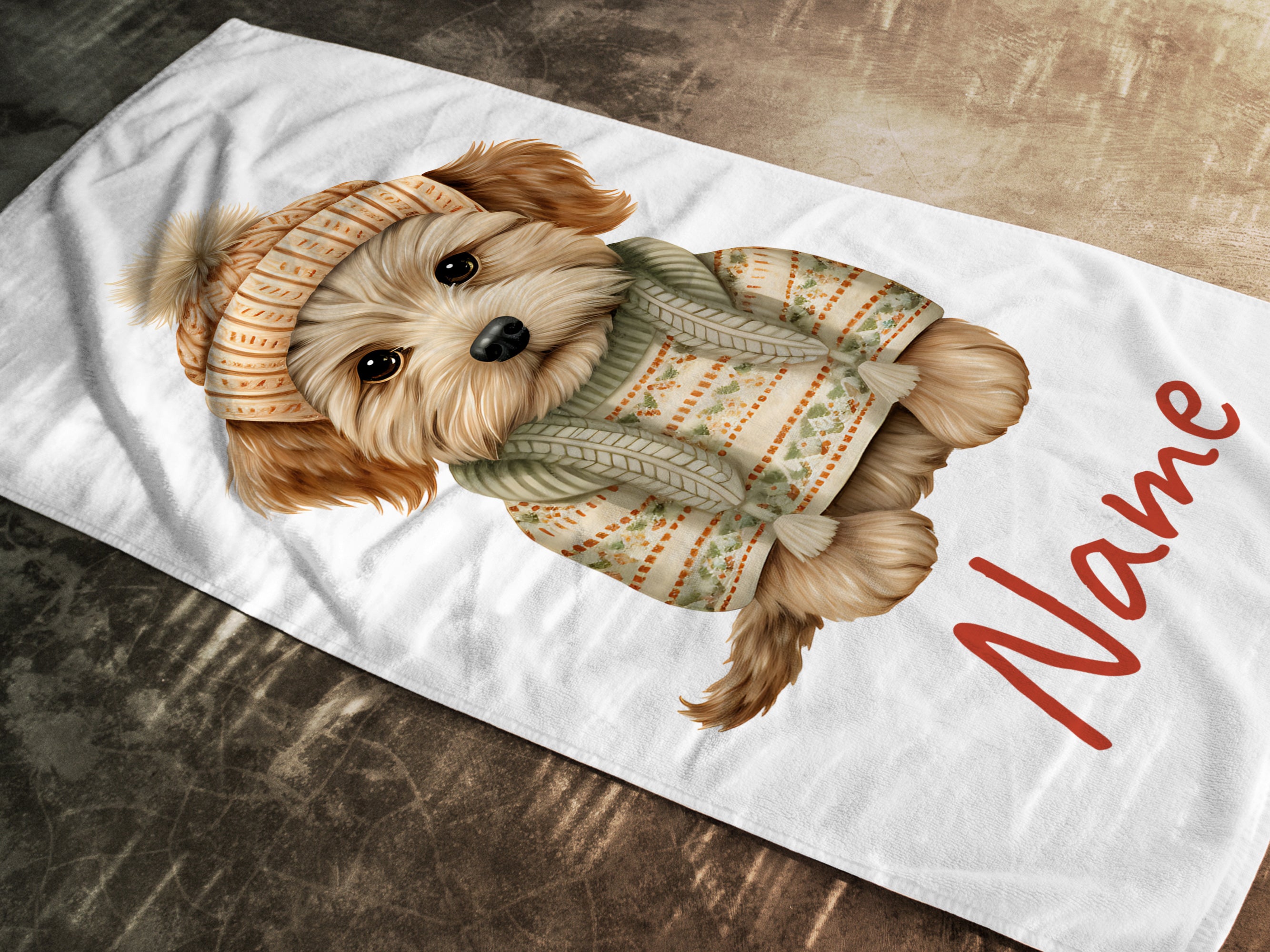 Hündchen in Pullover und Mütze, personalisierbar mit Namen.