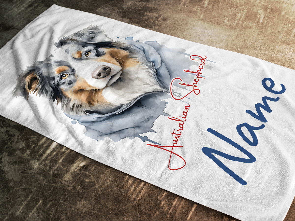 Handtuch mit australischem Schäferhund-Motiv und personalisierbarem Namen.