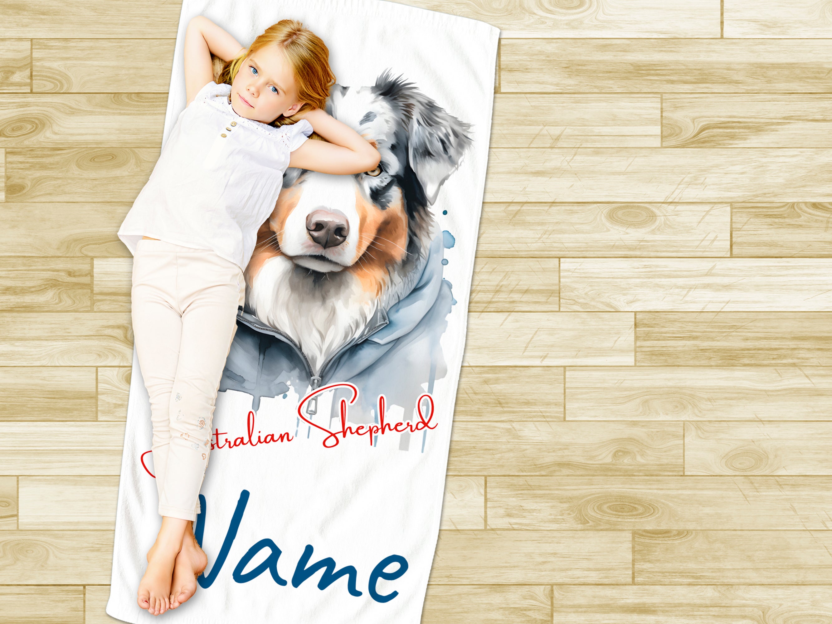Wolldecke mit Australian Shepherd und personalisiertem Namen.