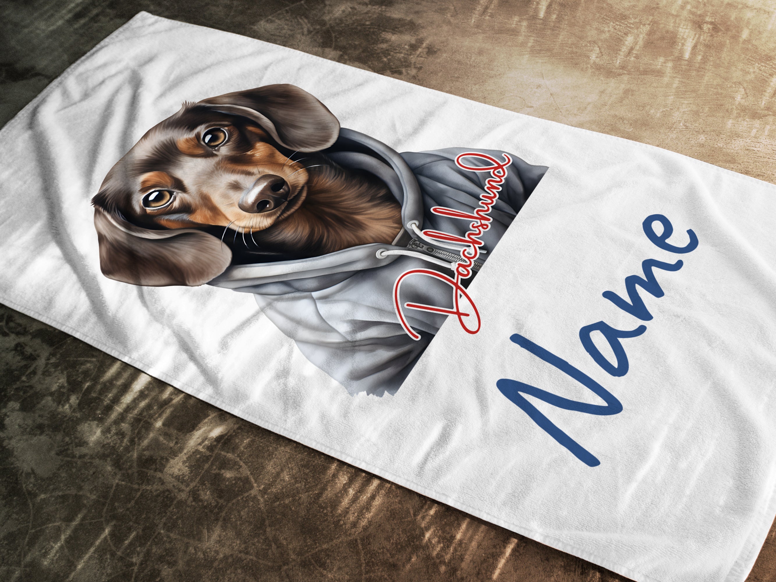 Dackel-Motiv auf weißem Handtuch mit personalisiertem Namen