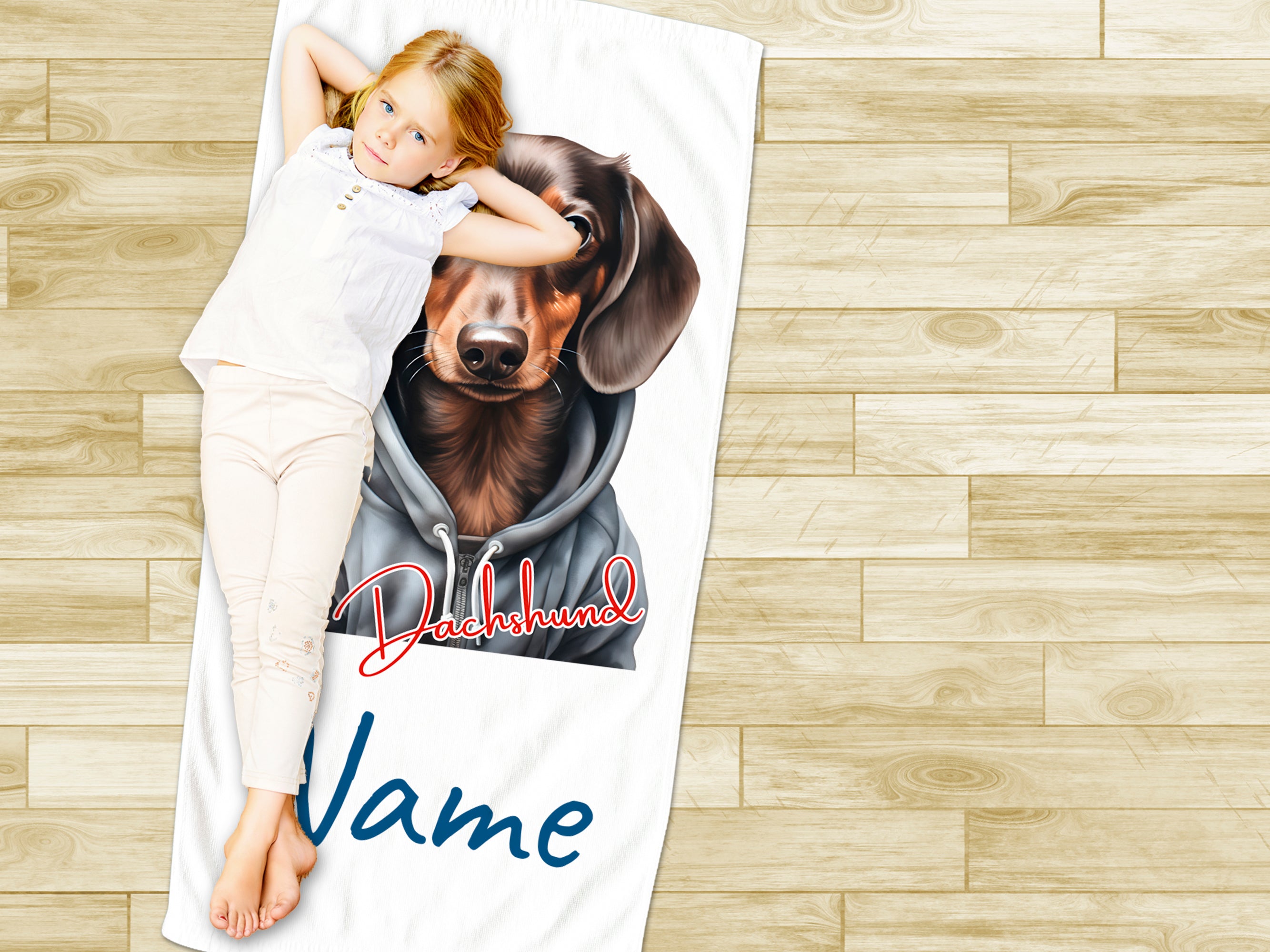 Dachhund-Fleece-Decke mit personalisiertem Namen in Blau.