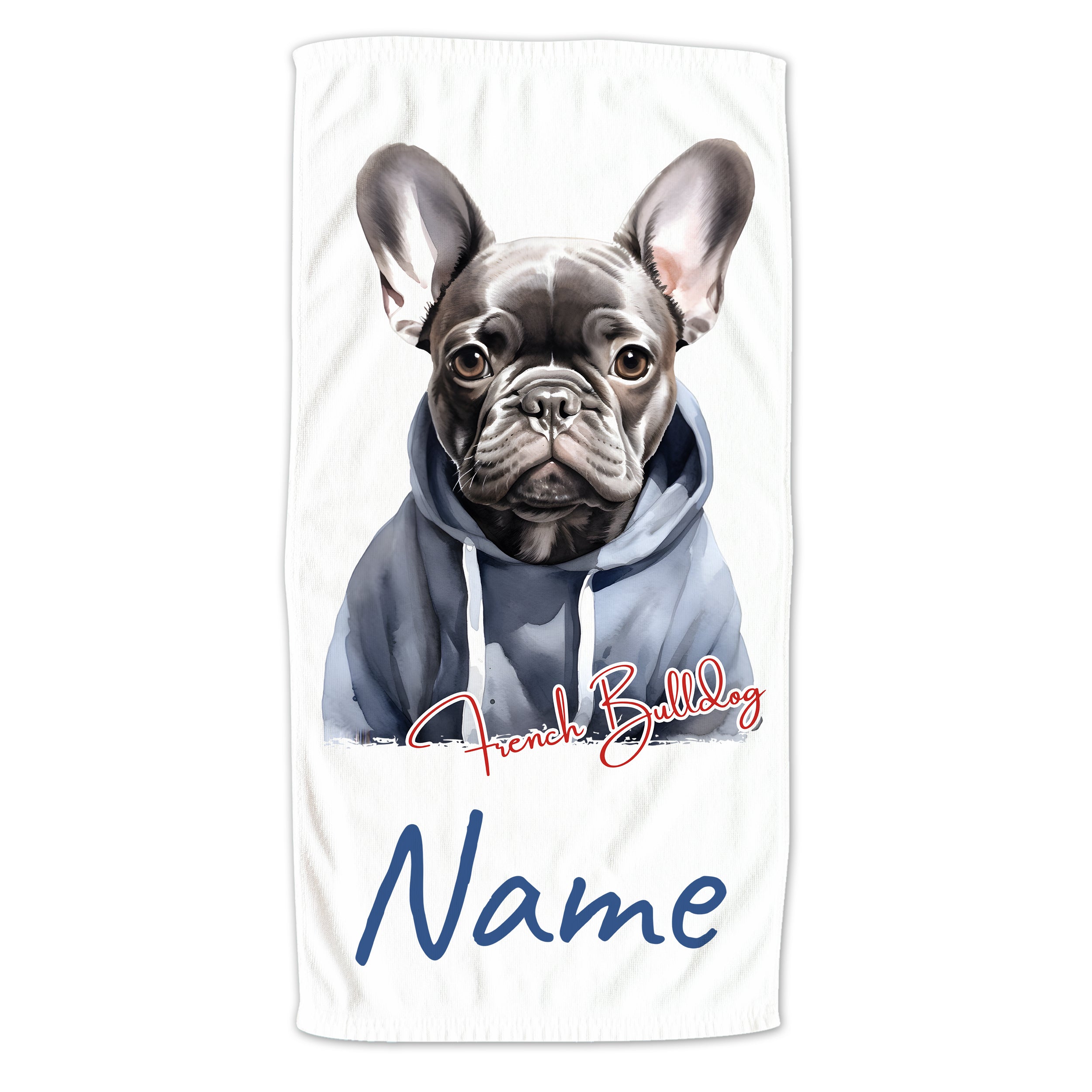 Französische Bulldogge in Kapuzenpullover, personalisierbar mit Namen.