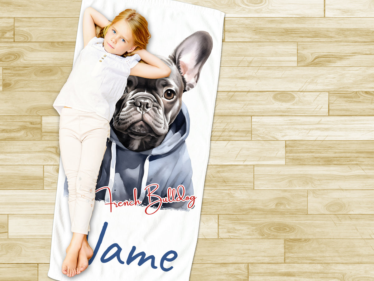 Fleece-Decke mit französischem Bulldoggen-Motiv und Namen.