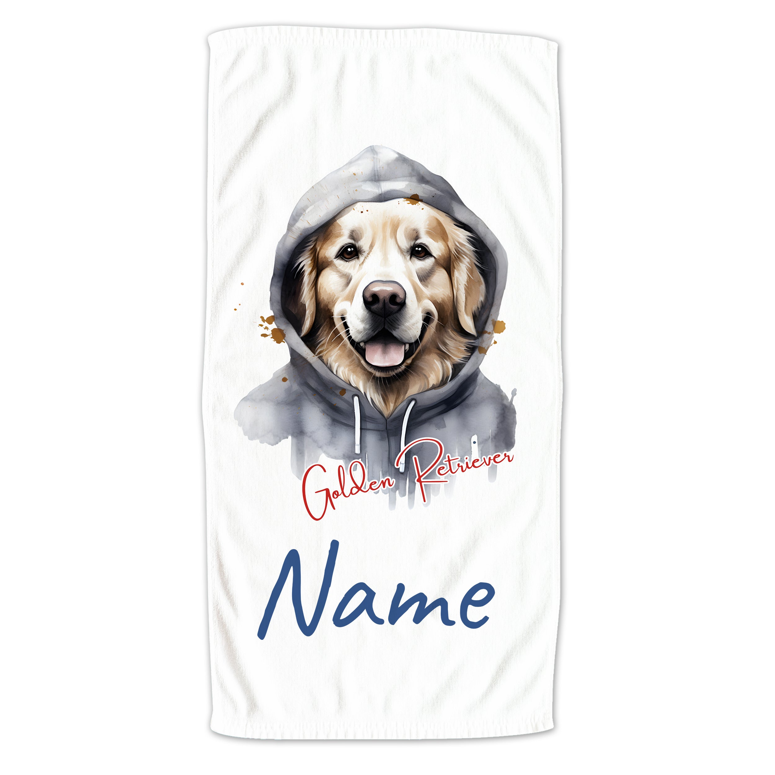Handtuch mit Golden Retriever, grauer Kapuzenpullover, personalisierbar.