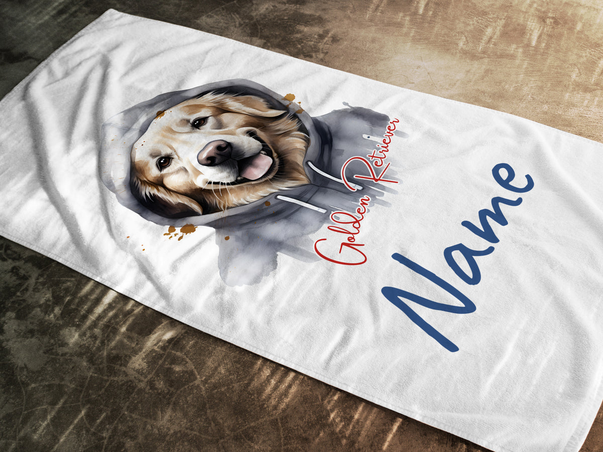 Weißes Handtuch mit Golden Retriever und personalisierbarem Namen.