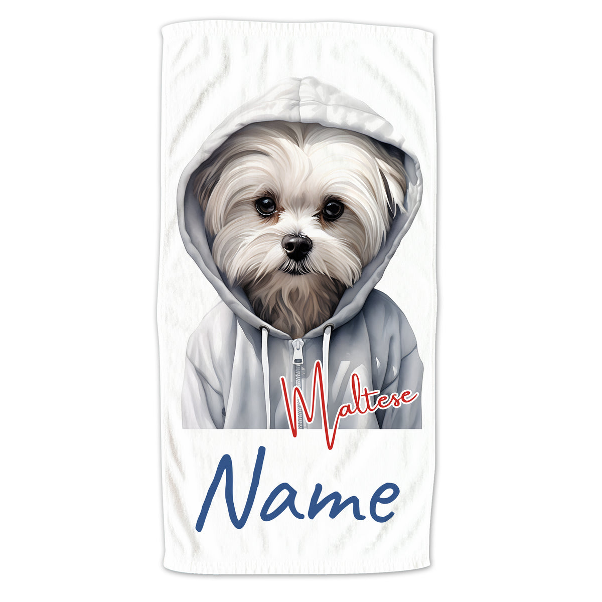 Maltese-Hund im Hoodie, weiße Farbe, personalisierbar.