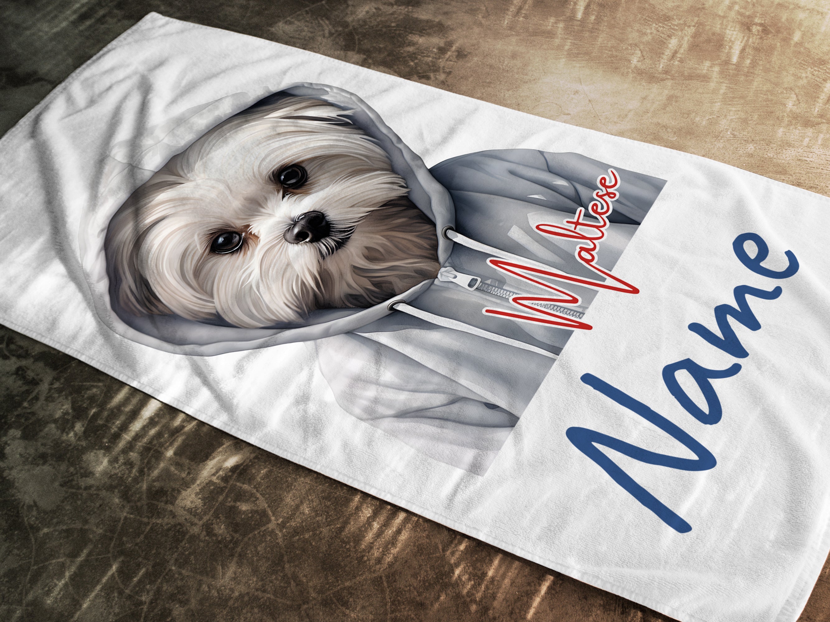 Maltese Hund in Kapuzenpullover, personalisierbar mit Namen.