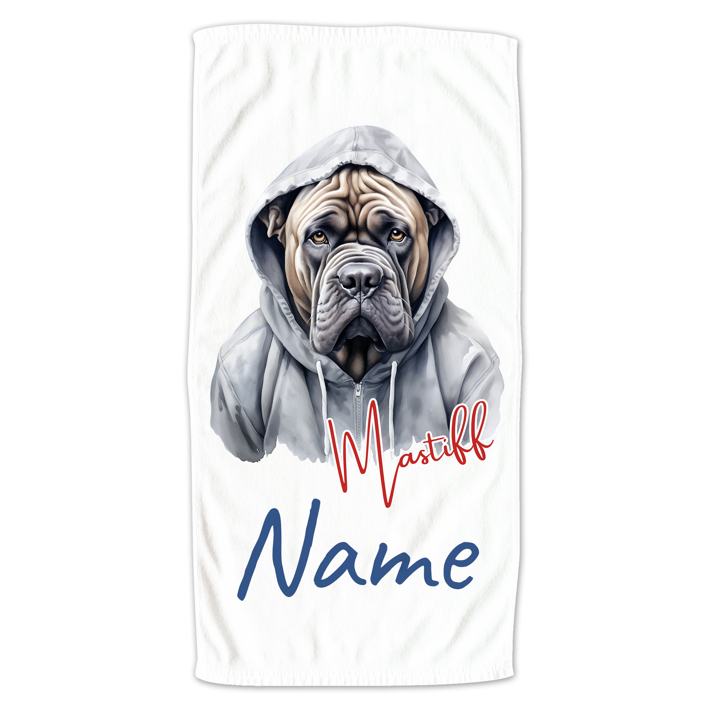 Mastiff im Hoodie, weiße Farbe, personalisierbar mit Namen.