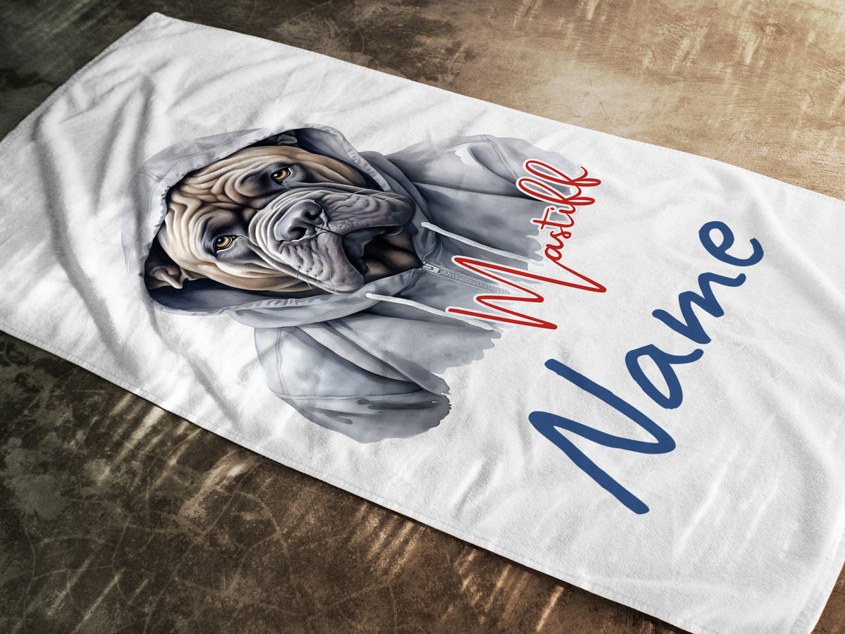 Weißes Handtuch mit Bulldoggen-Motiv und personalisiertem Namen.