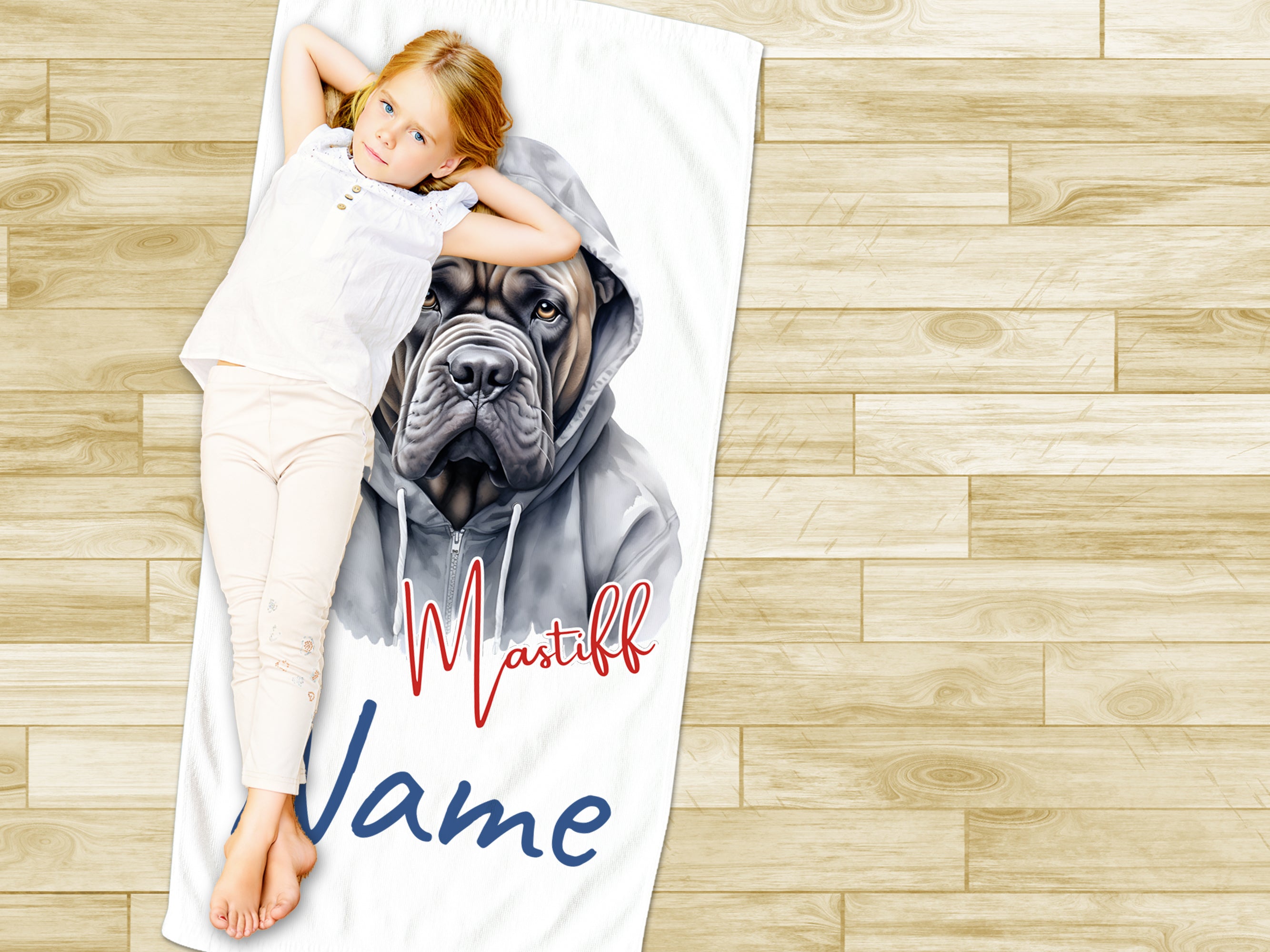 Mastiff-Handtuch mit personalisiertem Namen und grauem Hund.