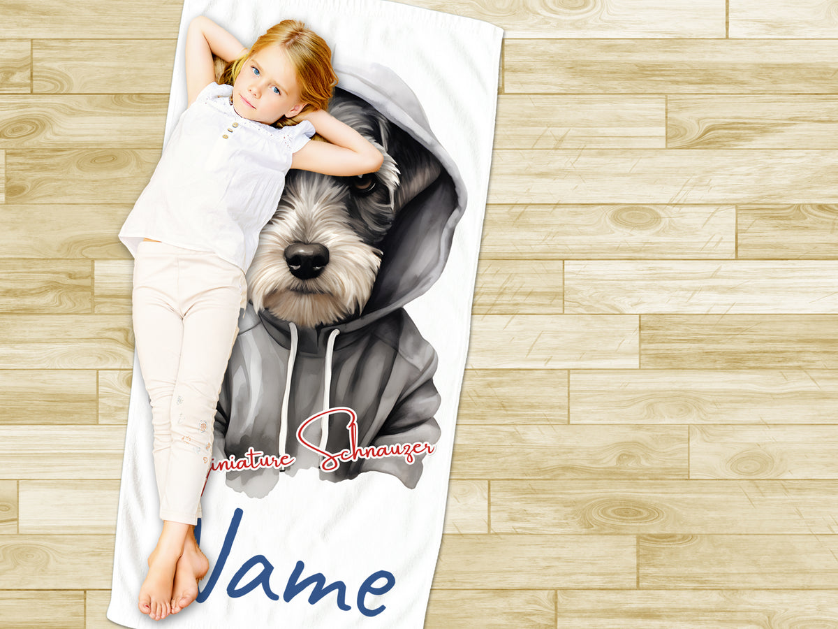 Personenhandtuch mit Schnauzer-Motiv und personalisierbarem Namen.