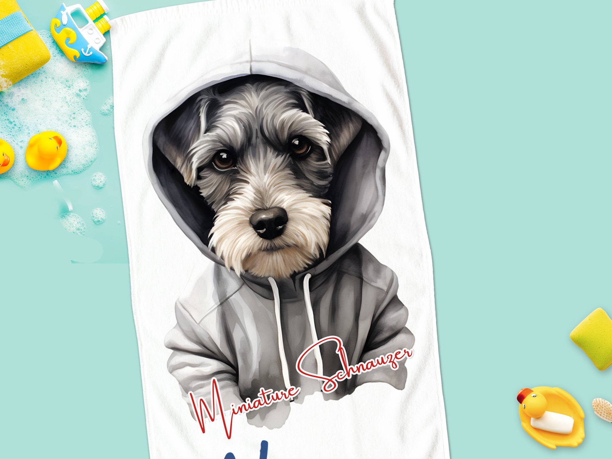Miniatur-Schnautzer in grauem Hoodie auf Handtuch.