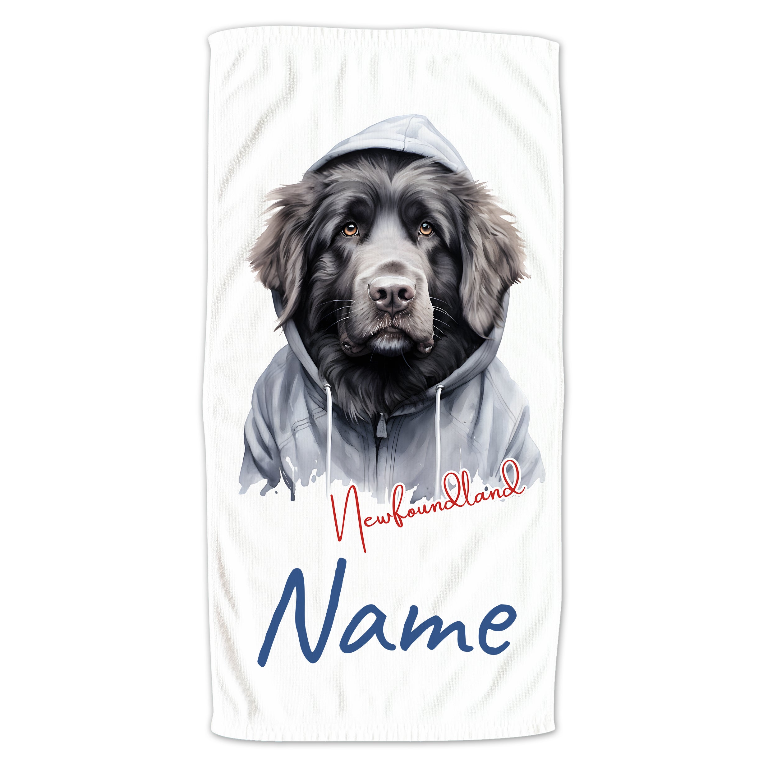 Hund im Hoodie, grau, mit personalisiertem Namen.