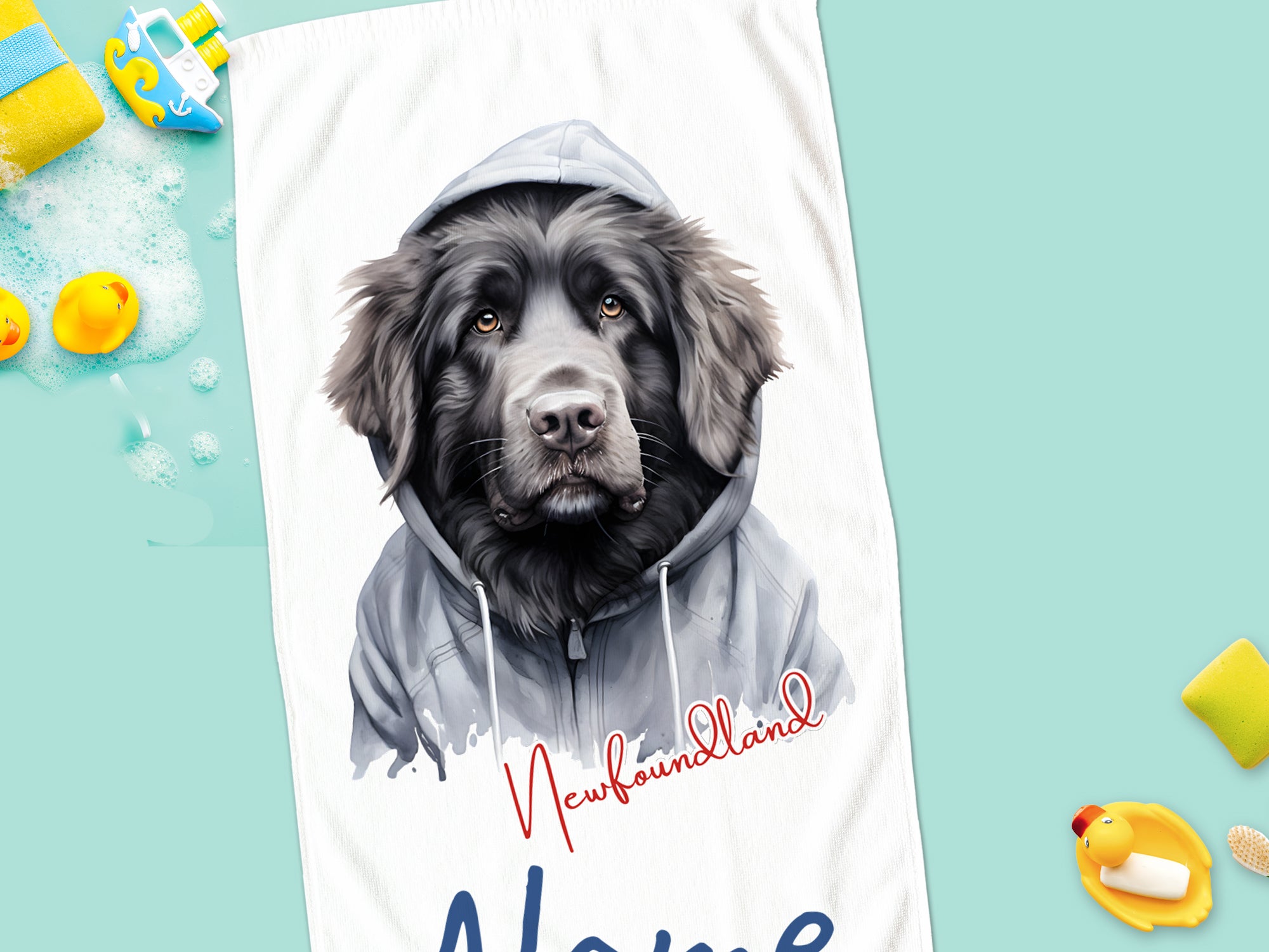 Newfoundland-Hund im grauen Hoodie, personalisierbar.