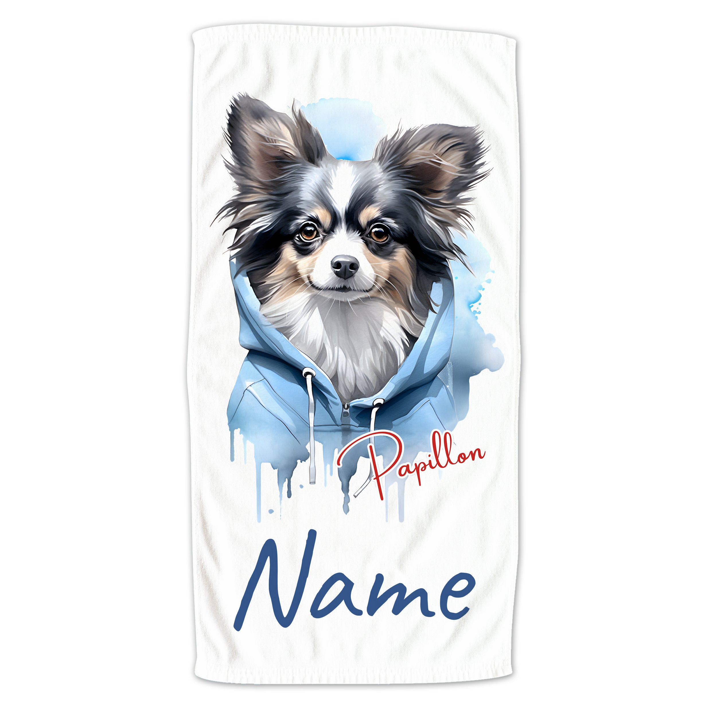 Papillon-Hund in blauer Kapuzenjacke, personalisierbar.