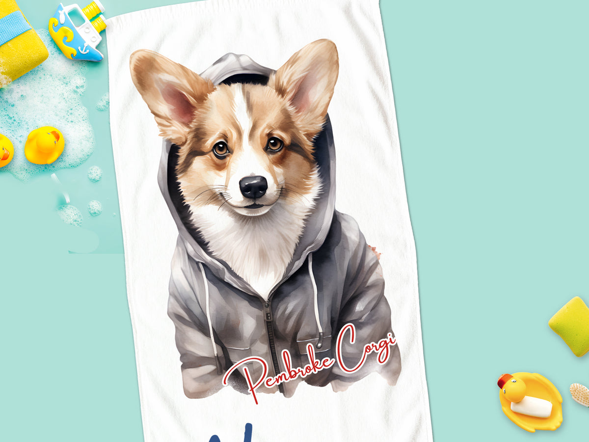 Corgi in grauem Hoodie, farbenfroher Hintergrund, humorvoll.