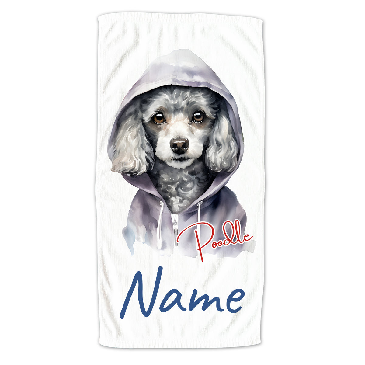 Pudel mit Kapuze, graue Farben, personalisierbar mit Namen.