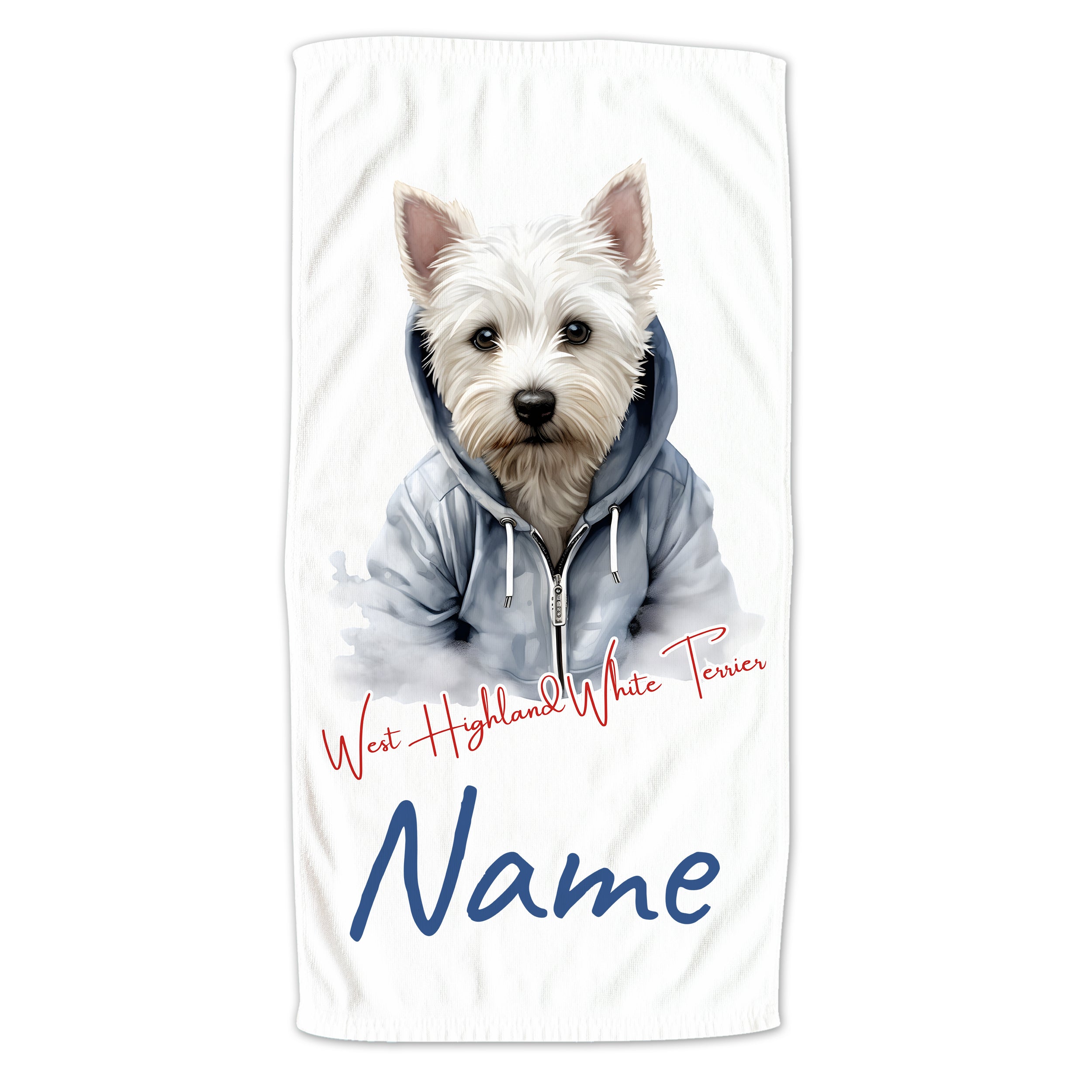 West Highland White Terrier in grauem Hoodie, personalisierbar.