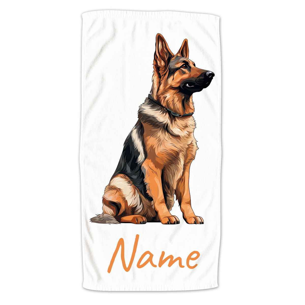 Hundetuch mit Schäferhund-Motiv und personalisierbarem Namen.