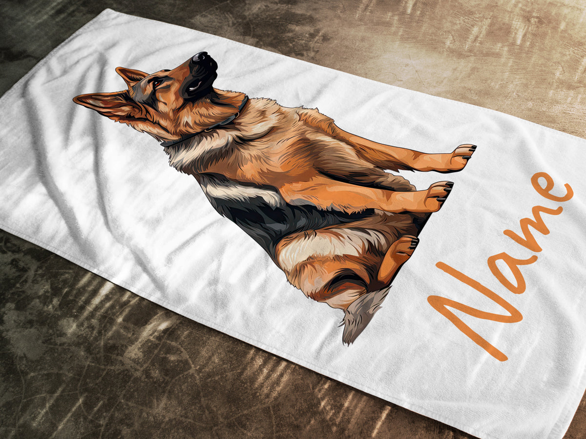 Hundetuch mit Schäferhund-Illustration und personalisierbarem Namen.