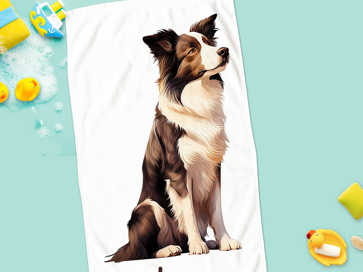 Braun-weißer Border Collie auf weißem Handtuch.