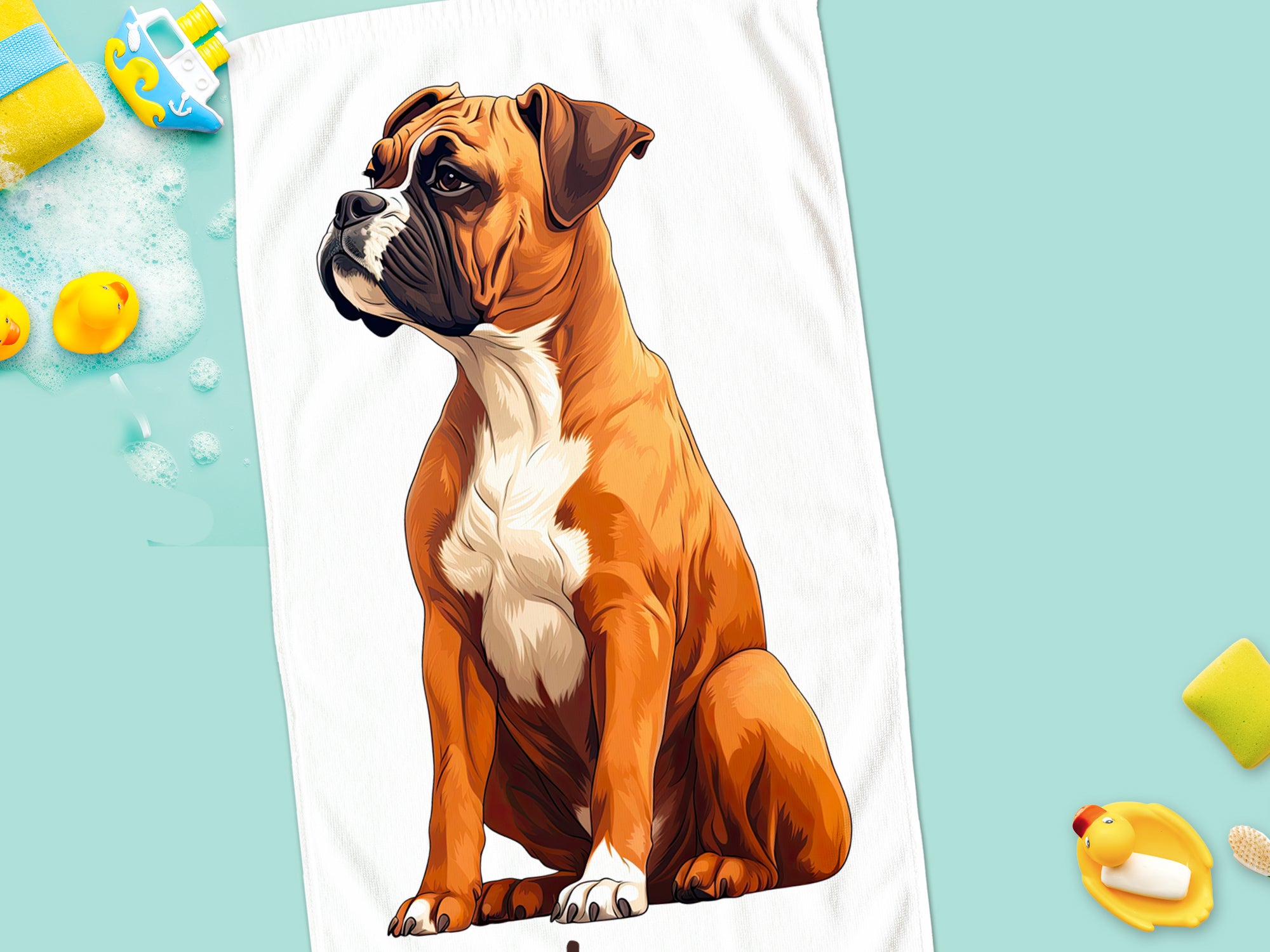 Brauner Boxer-Hund, sitzend, mit weißen Abzeichen.