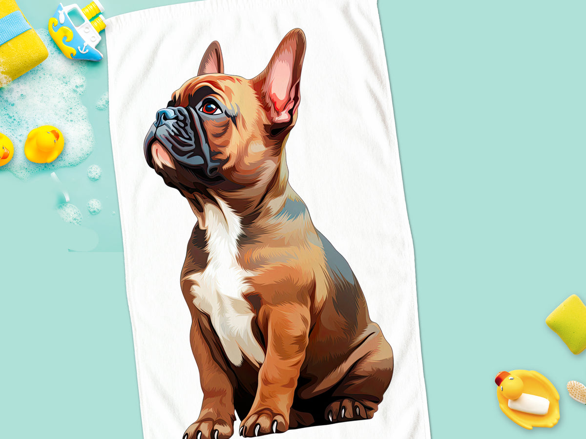 Französische Bulldogge auf einem Handtuch, braun und weiß.