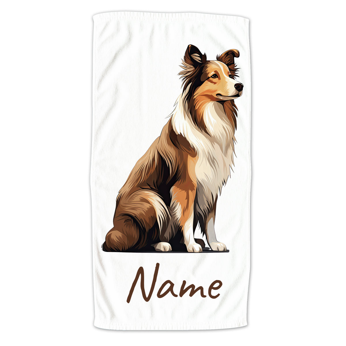 Hundetuch mit Collie-Motiv und personalisierbarem Namen.