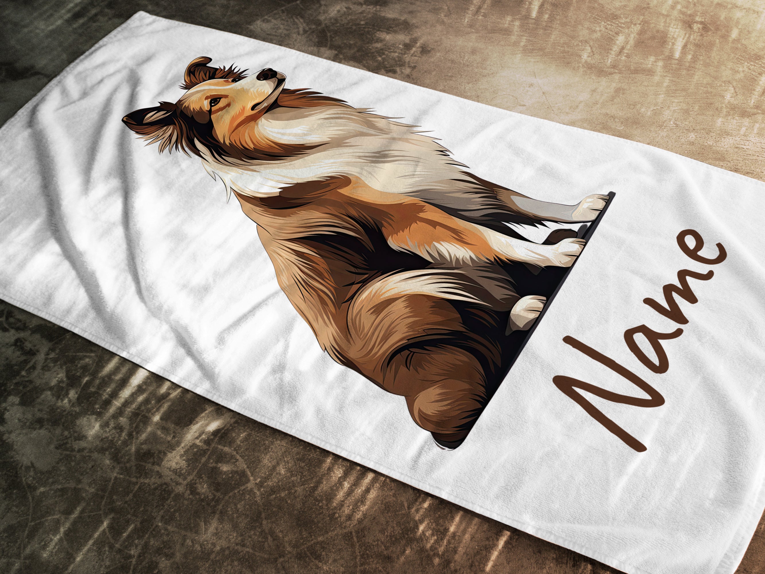 Handtuch mit Collie-Motiv und personalisierbarem Namen.