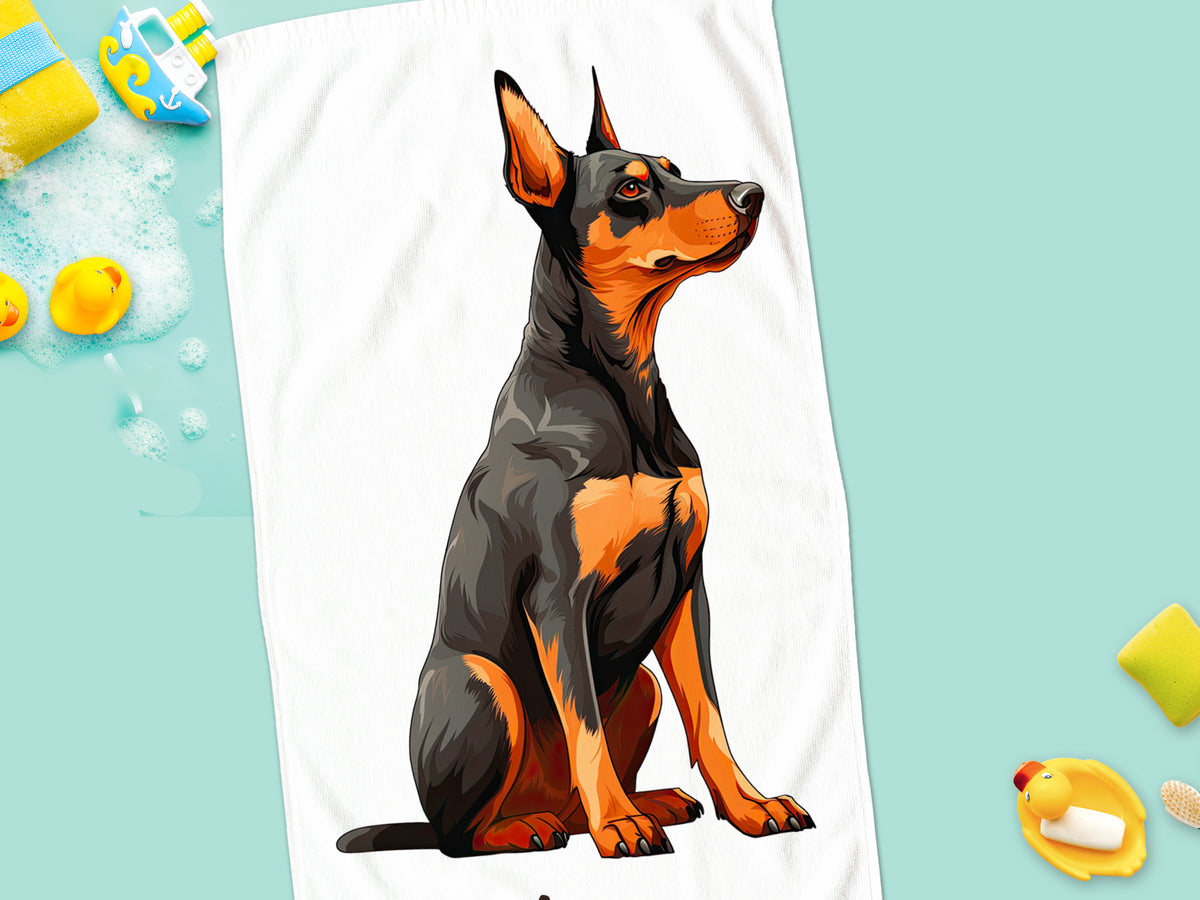 Schwarzer und orangefarbener Hund, sitzend, cartoonhaft.