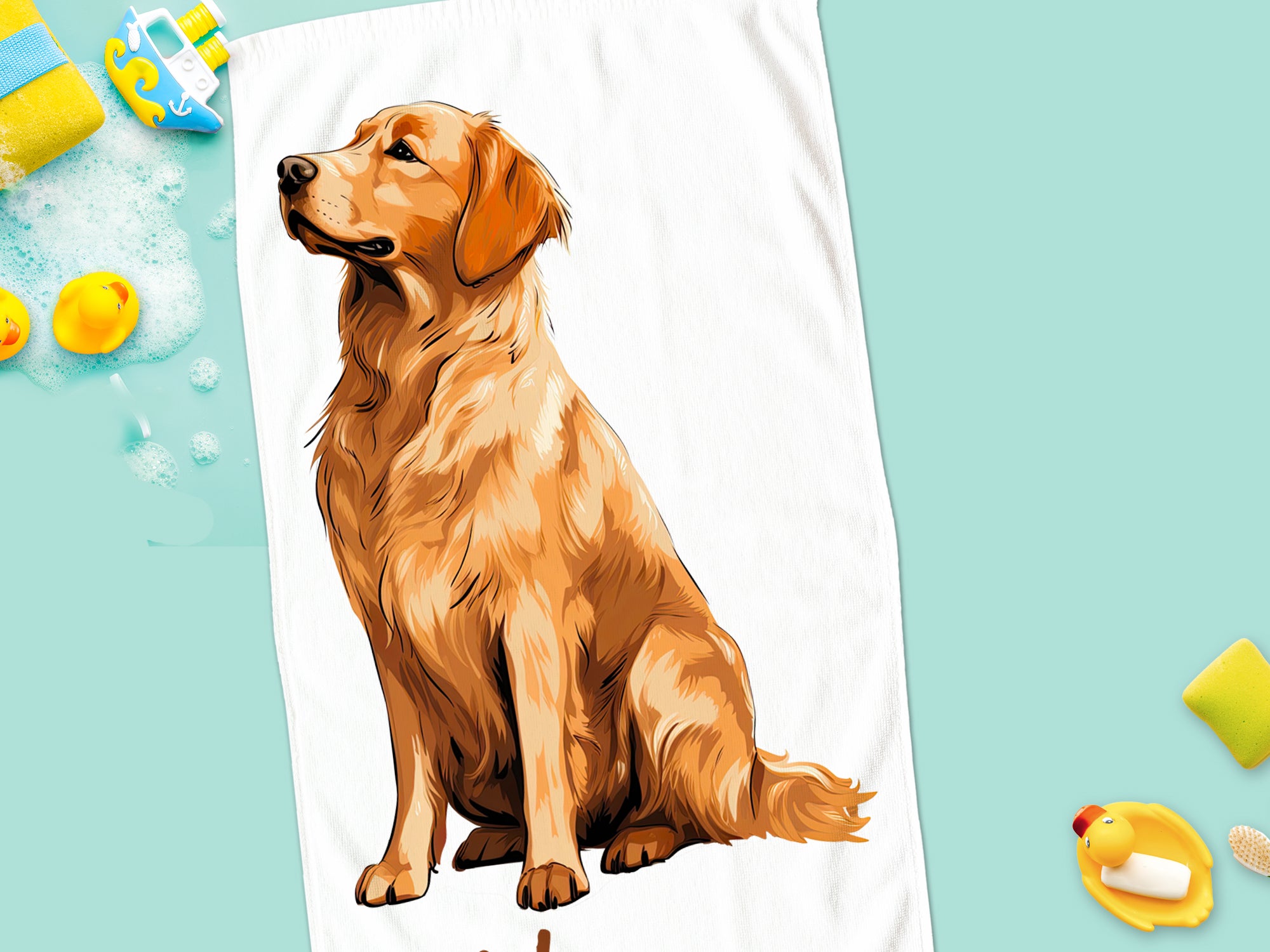 Goldener Retriever auf weißem Handtuch, detailreiche Illustration.