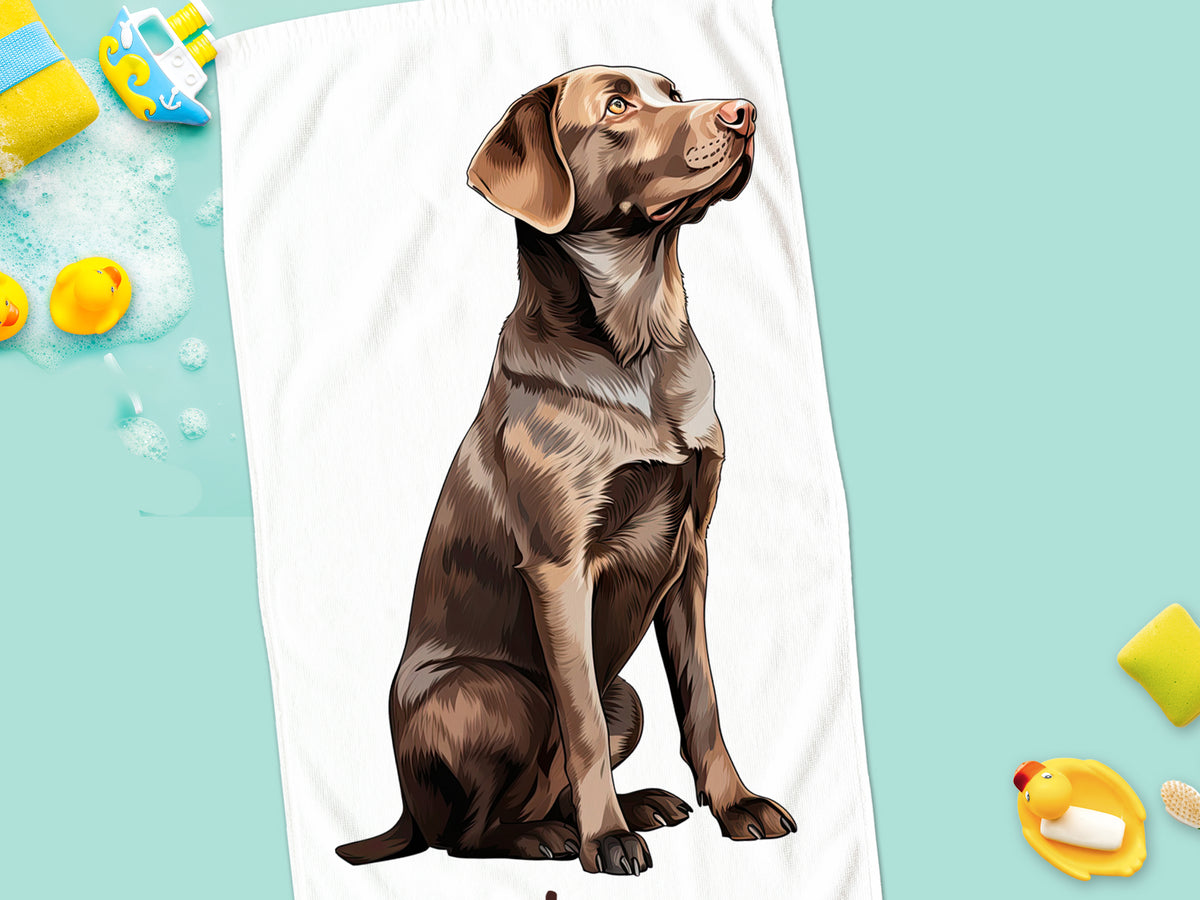 Braunes Labrador-Motiv auf weißem Handtuch, sitzend.