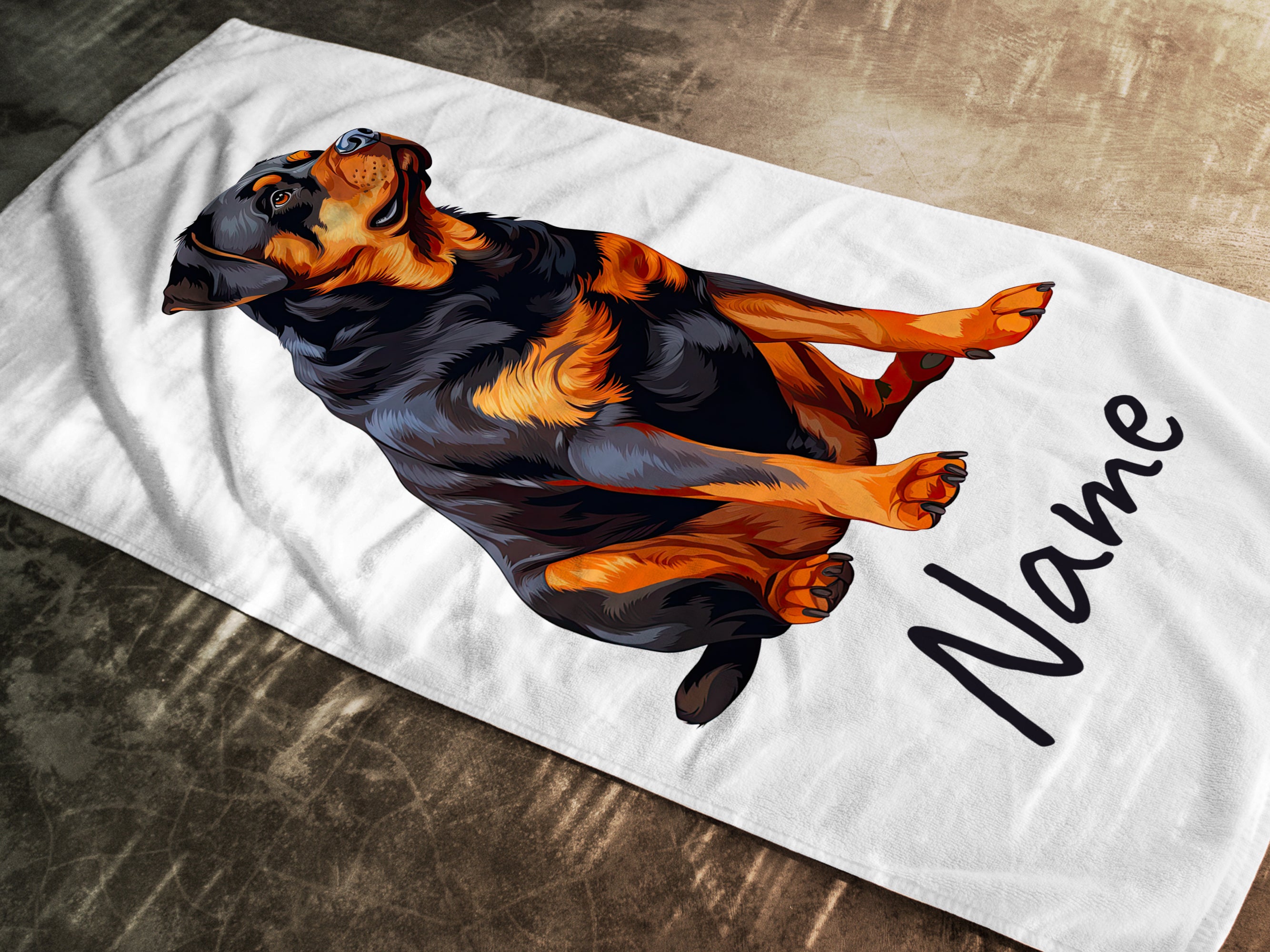 Rottweiler-Illustration auf weißem Handtuch mit Namen.