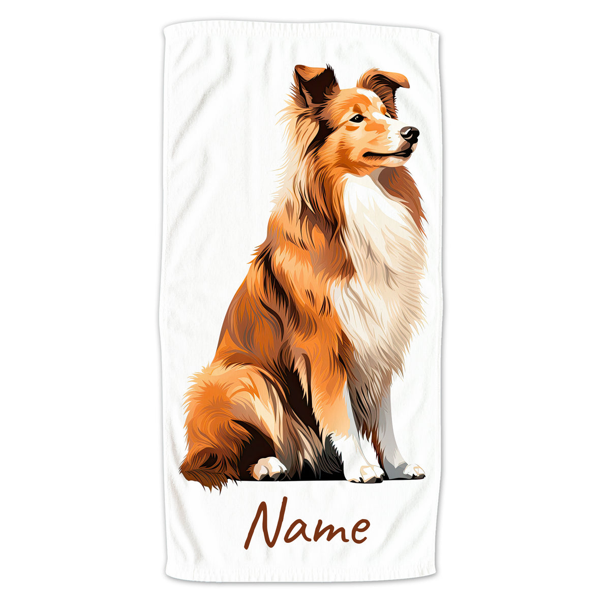 Hundetuch mit Collie-Motiv in orange-weißen Farben.