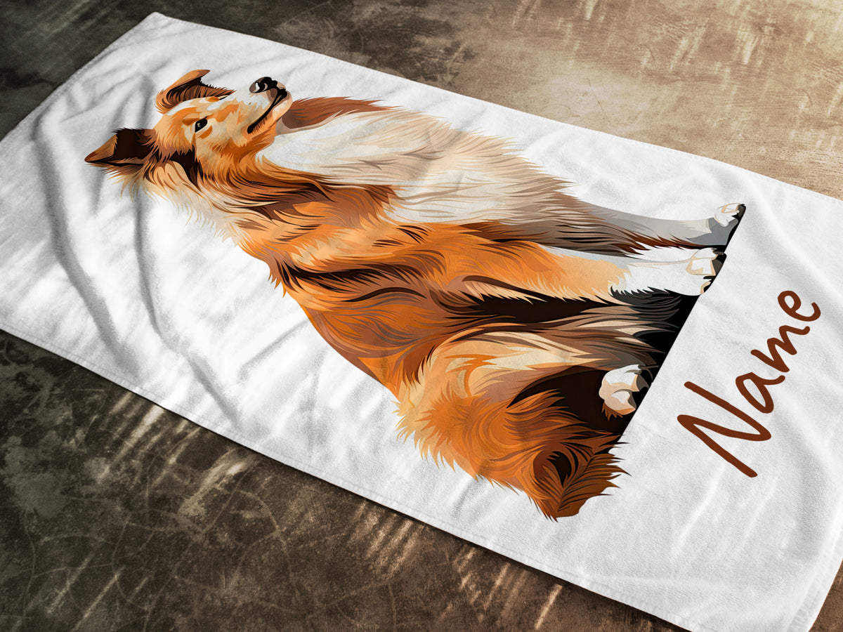 Hundetuch mit Collie-Motiv in Braun- und Beigetönen.