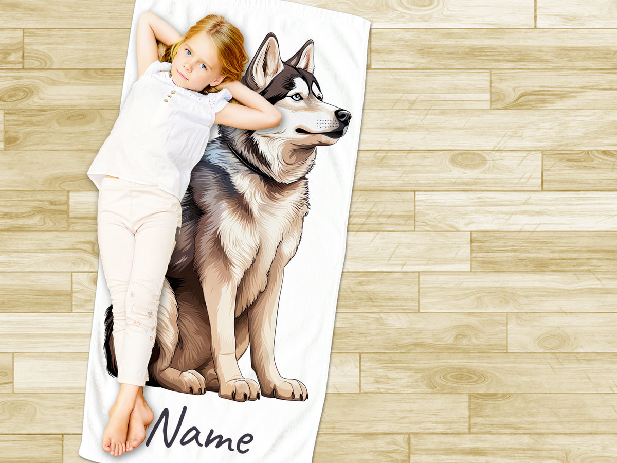 Kinderdecke mit Husky-Motiv und personalisierbarem Namen.