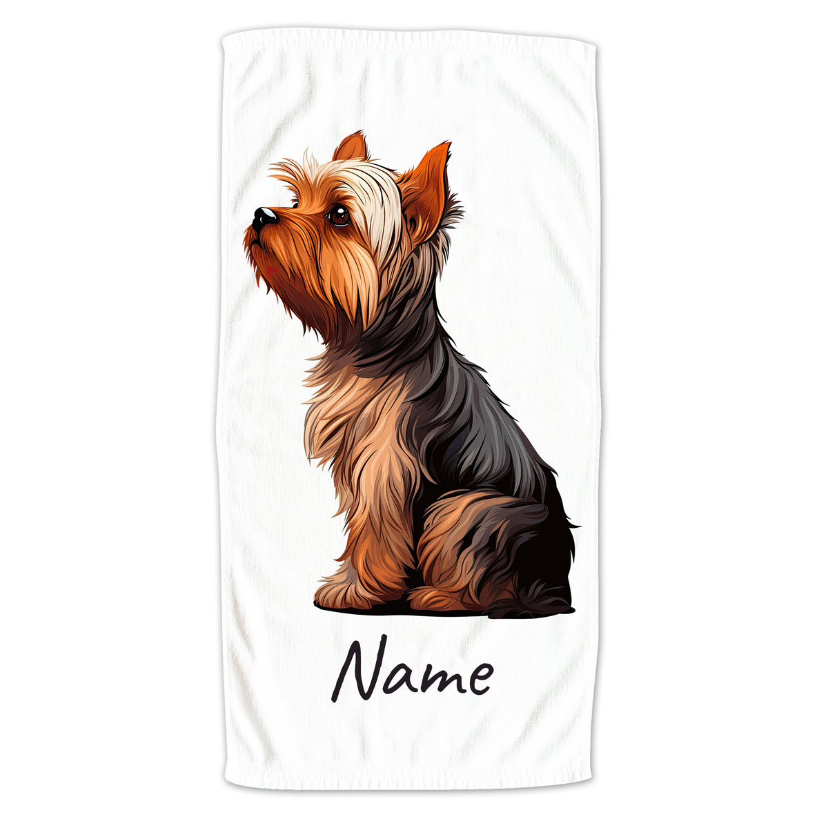 Yorkshire Terrier auf weißem Hintergrund mit Platz für Namen.