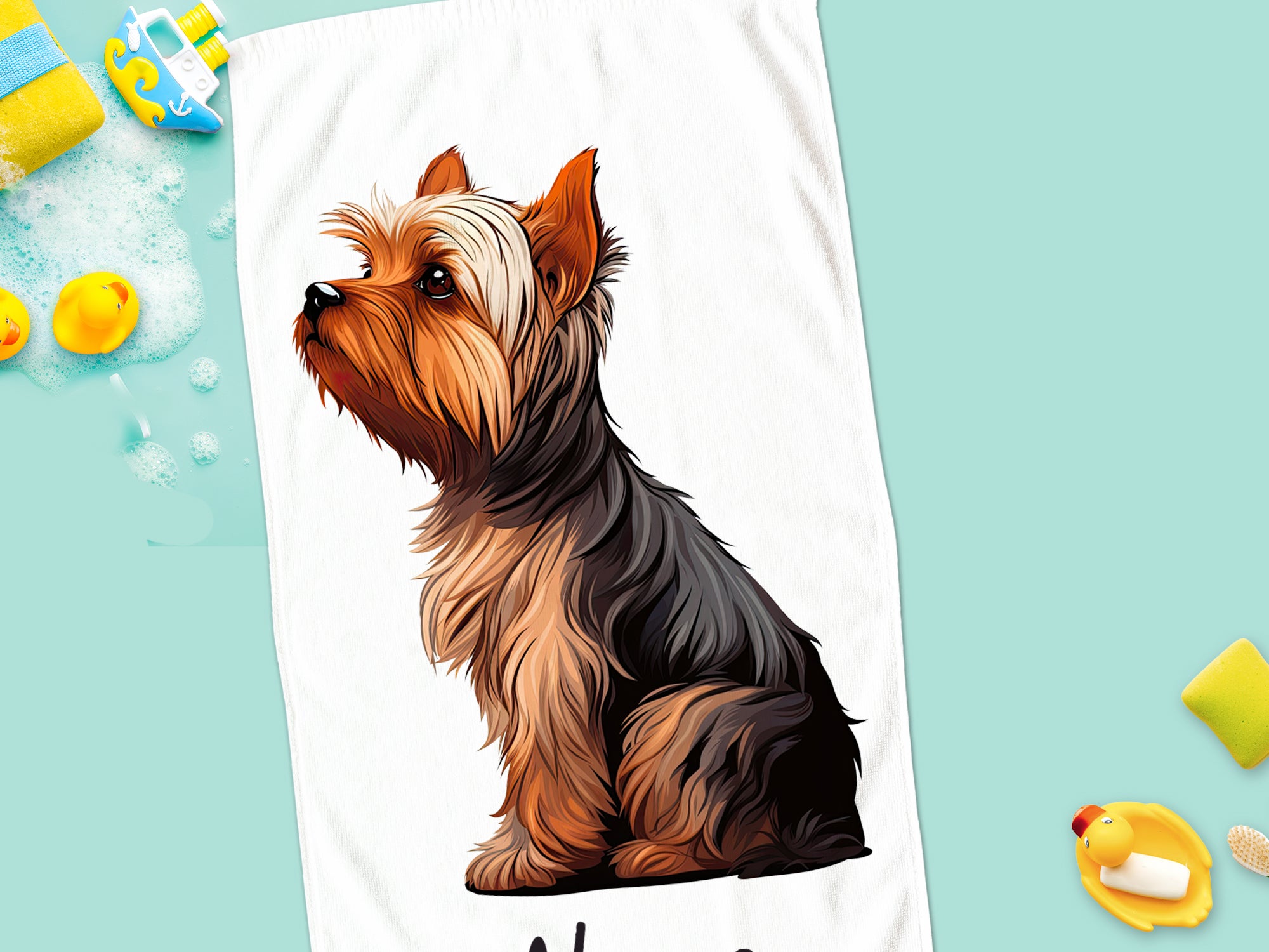 Yorkshire Terrier mit braun-schwarzem Fell, sitzend.