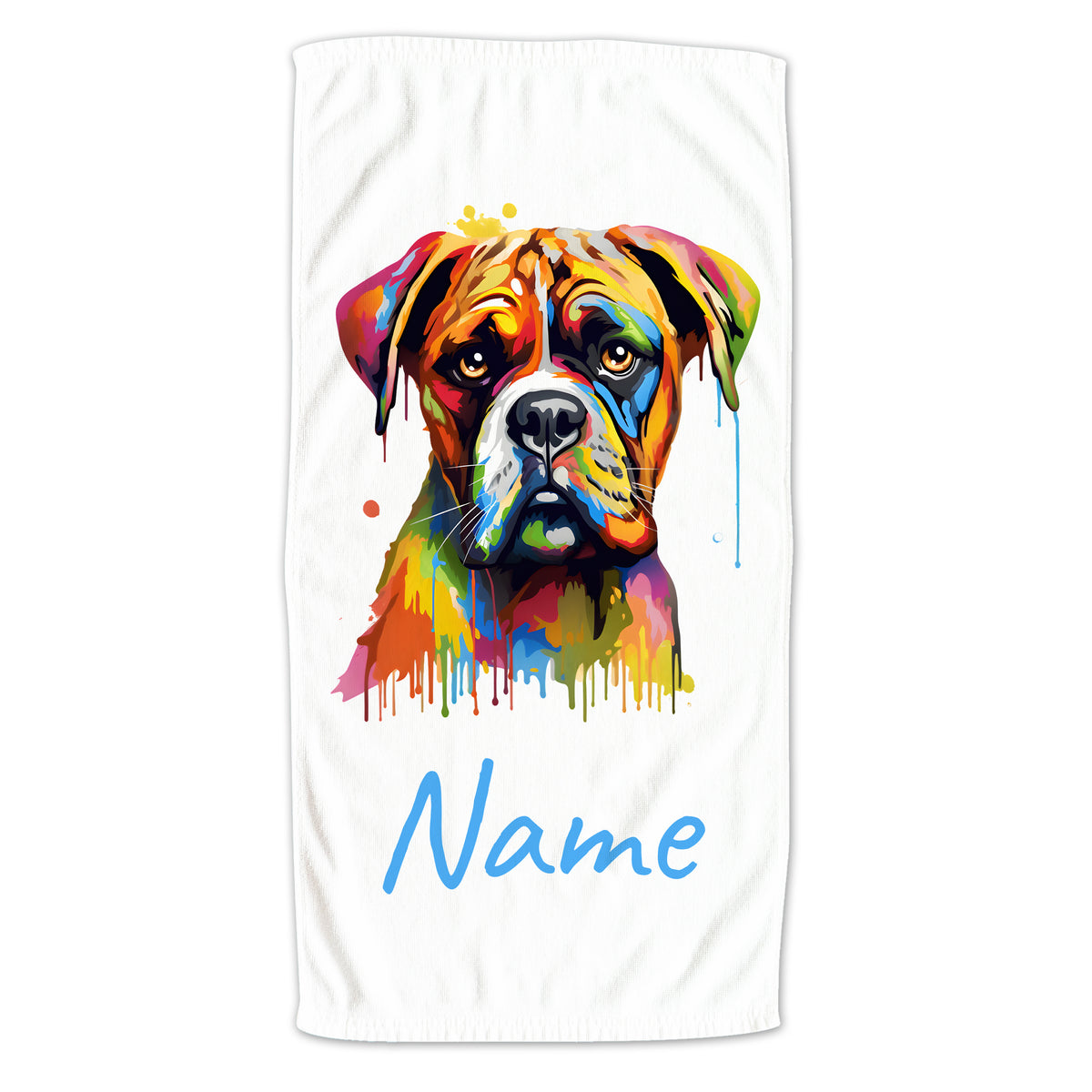 Bunter Boxer-Hund mit Namen auf weißem Hintergrund.