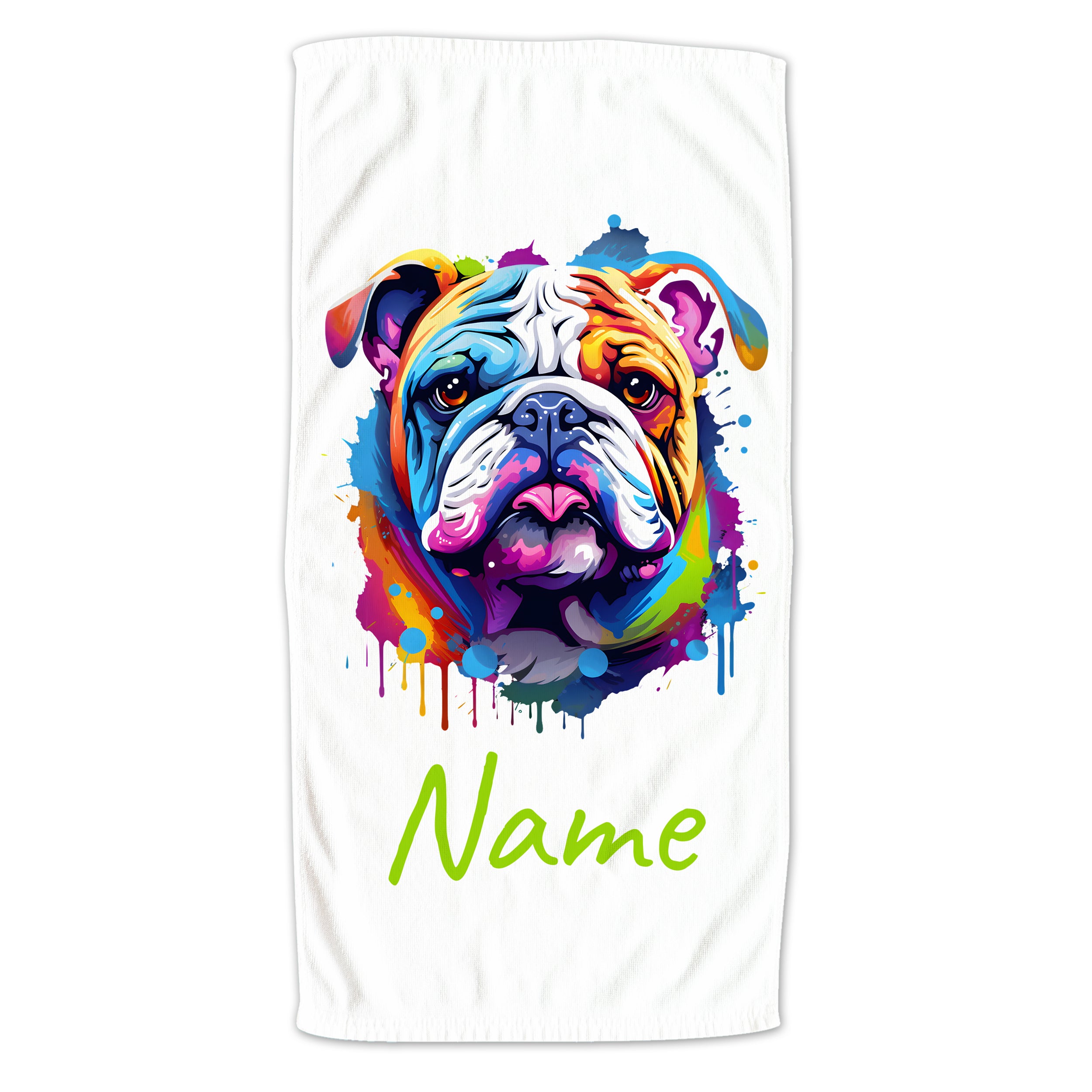 Buntes Handtuch mit Bulldoggenmotiv und personalisierbarem Namen.