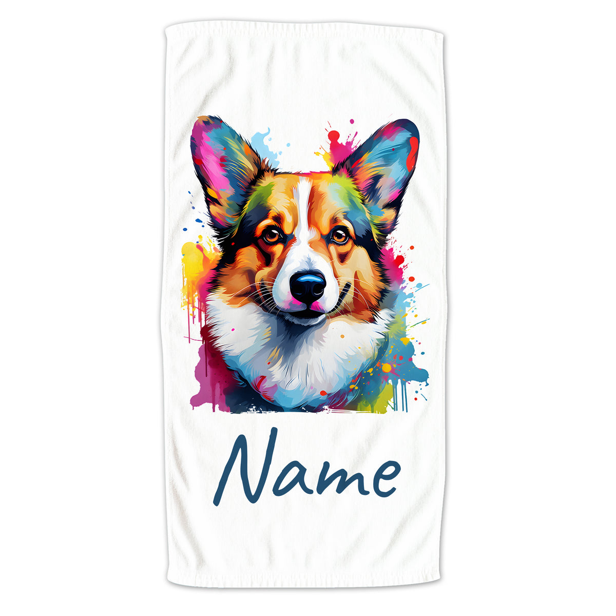 Bunt bedrucktes Handtuch mit Corgi-Motiv und Platz für Namen.