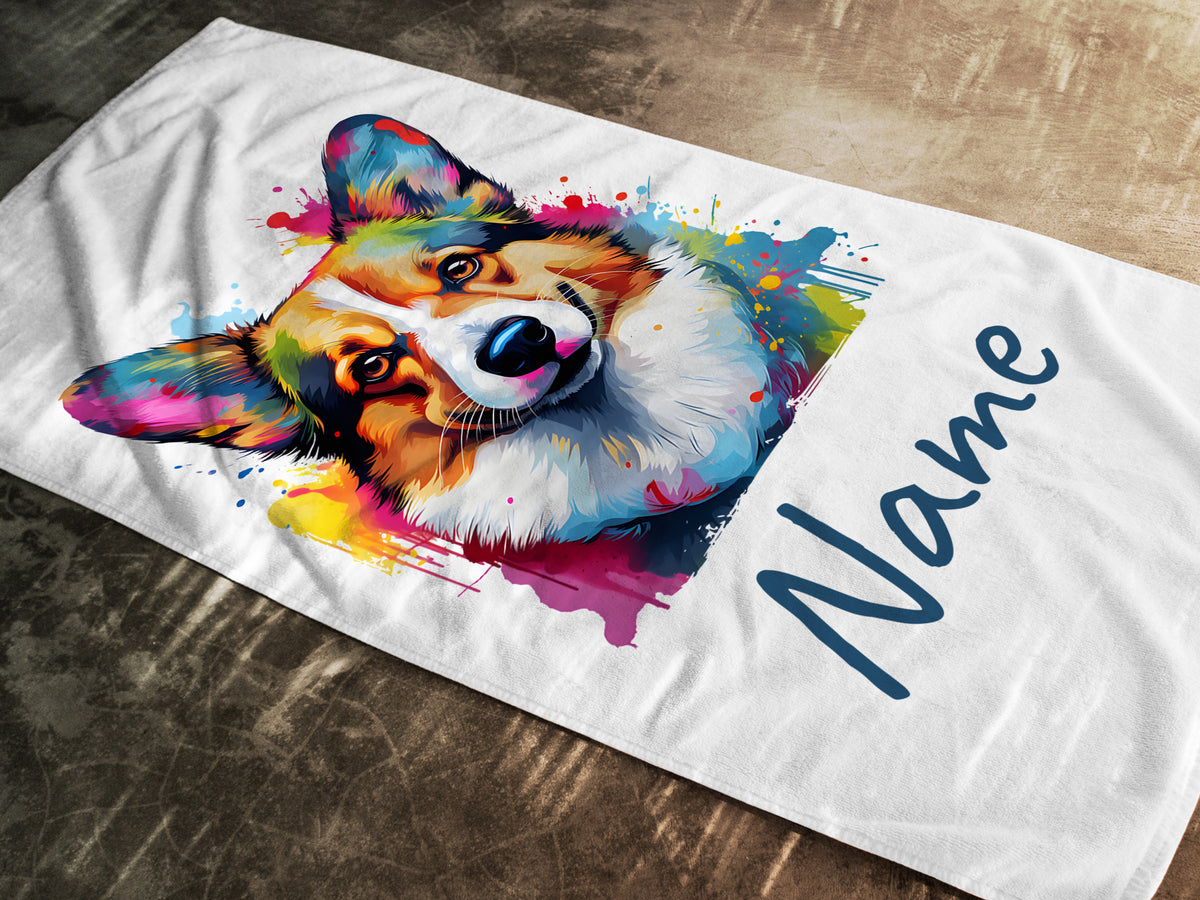 Buntes Corgi-Porträt auf weißem Handtuch mit Name.