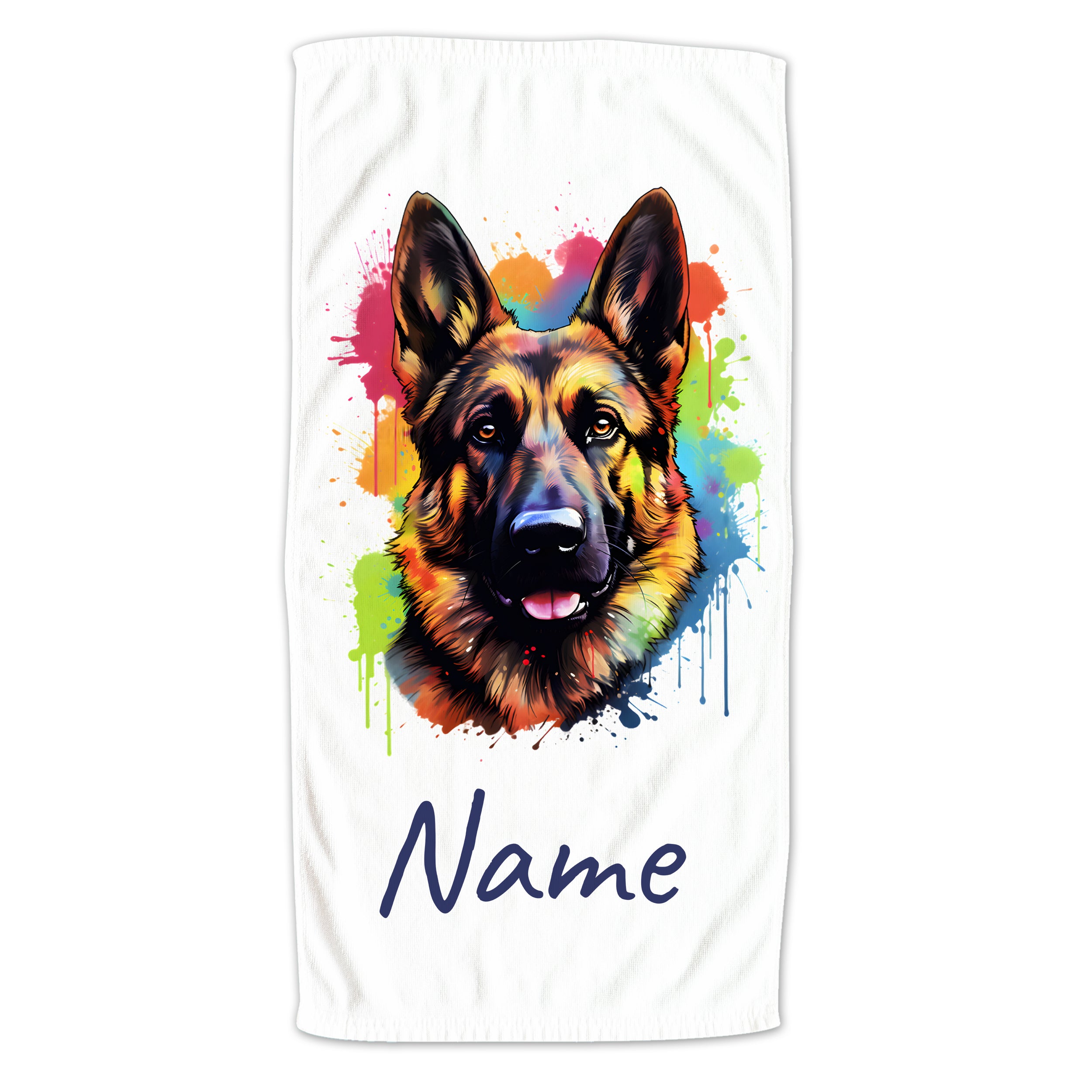 Bunt gestaltetes Handtuch mit Schäferhund und Name.