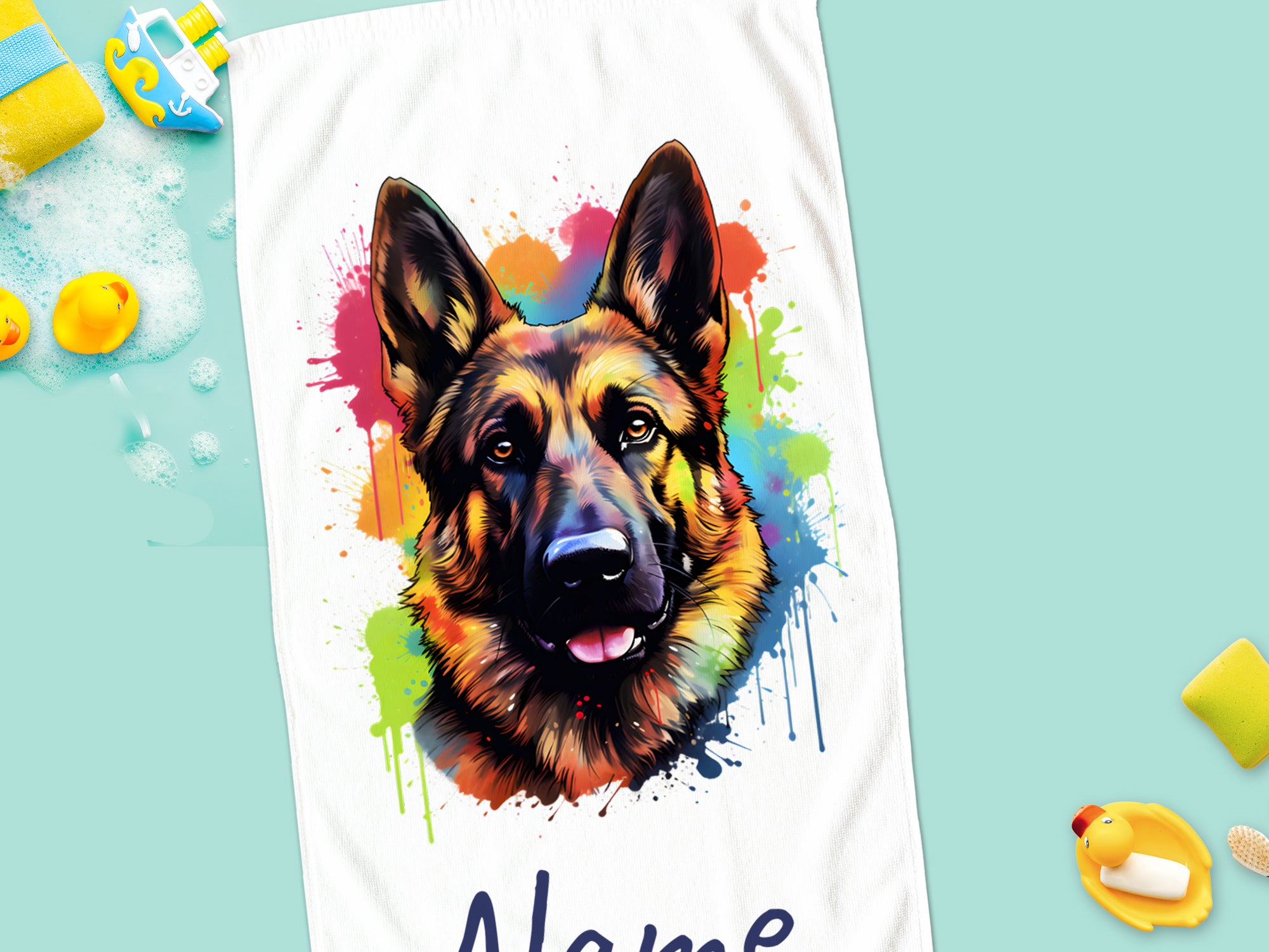 Buntes Handtuch mit farbenfrohem Schäferhund-Motiv.